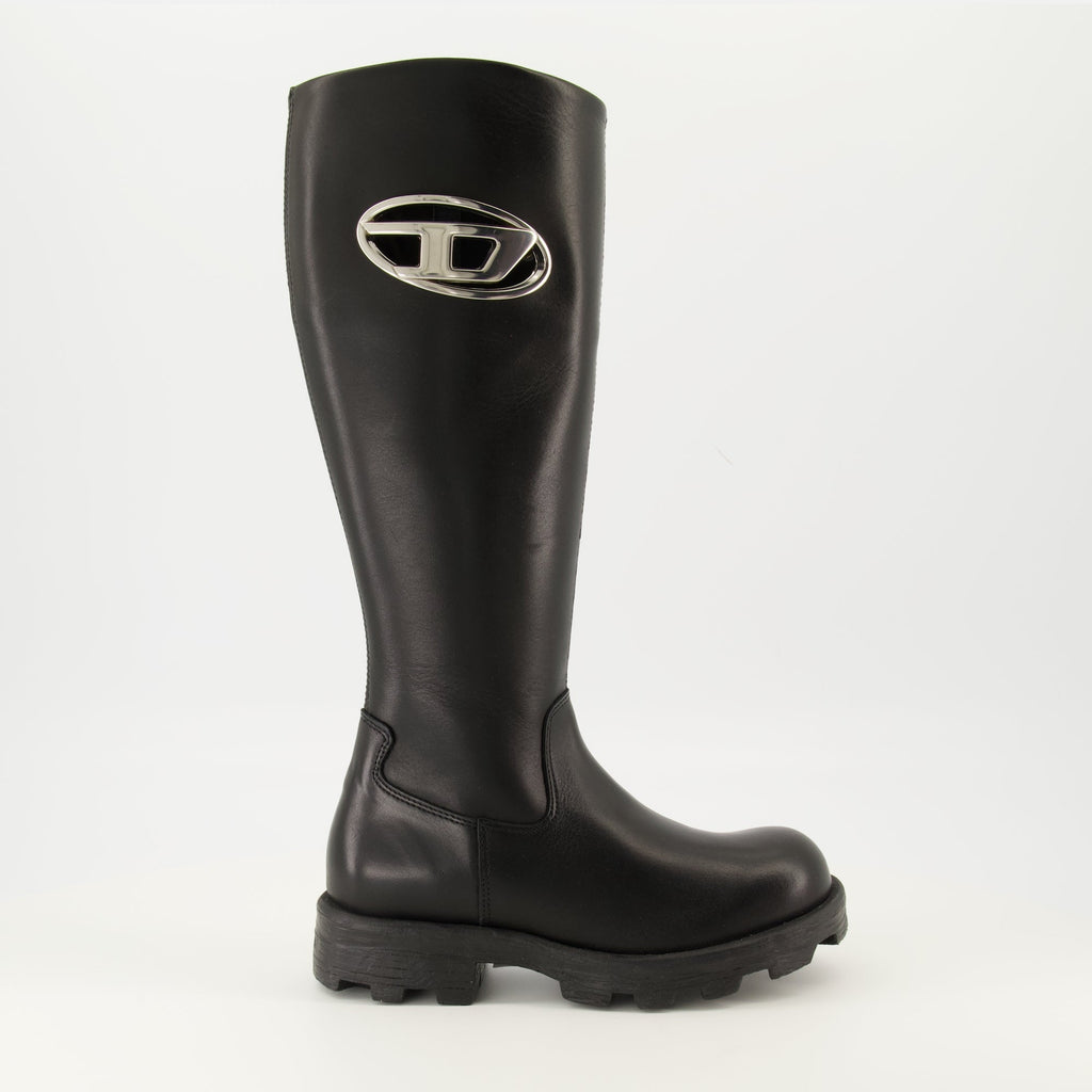 Diesel D-Hammer Boots, black leather boots, knee-high footwear, women's boots, Fall-Winter 2025 collection