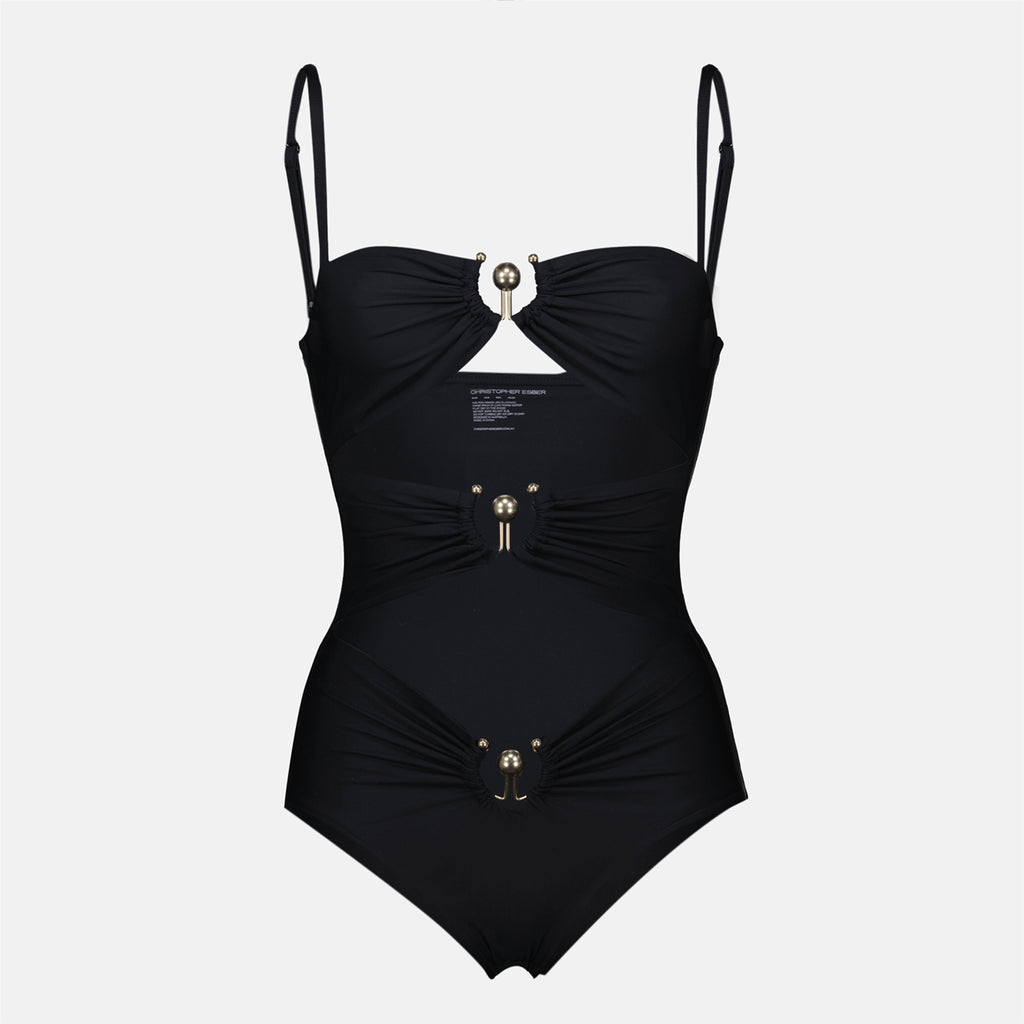 black swimsuit, Christopher Esber, one-piece swimwear, adjustable straps, matte finish