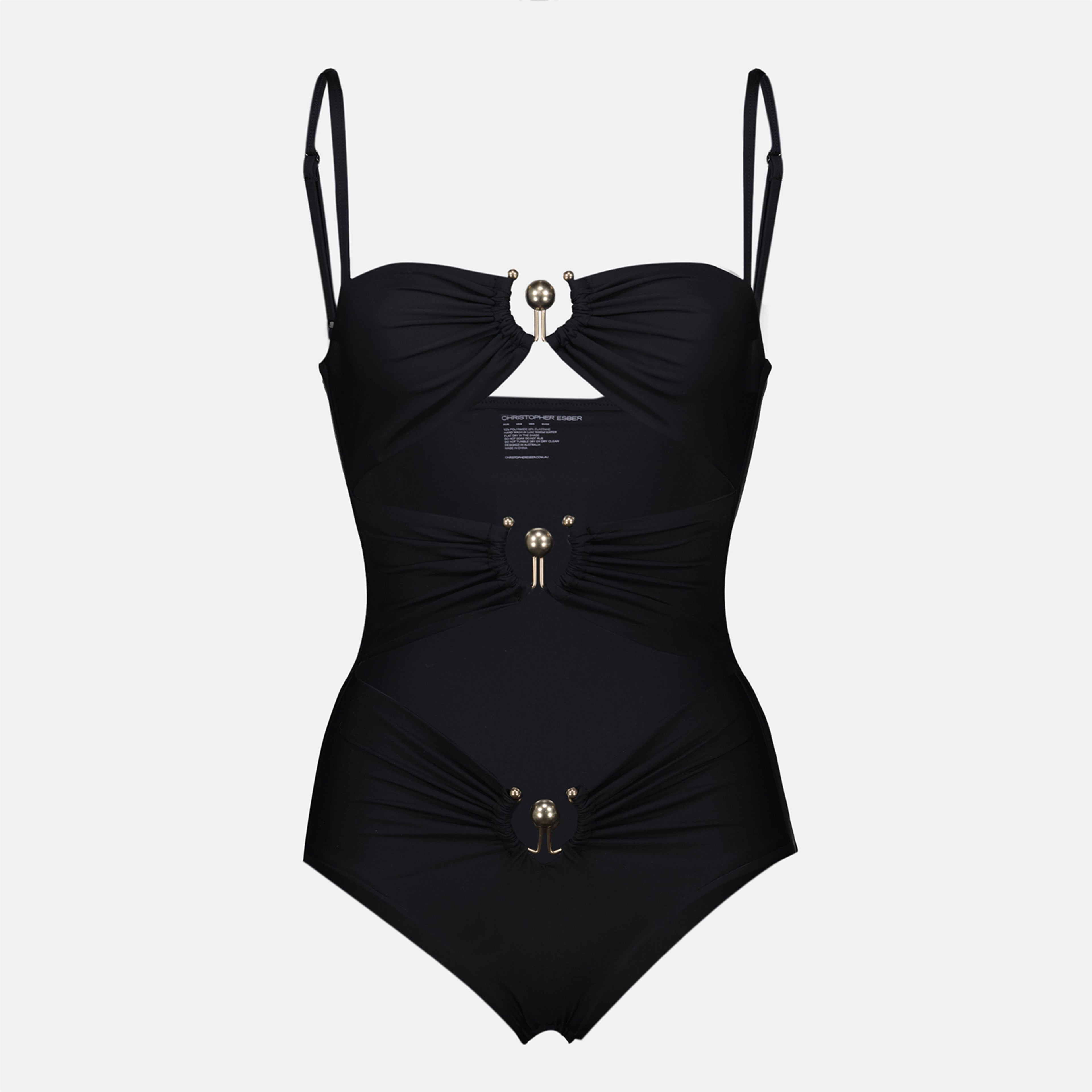 black swimsuit, Christopher Esber, one-piece swimwear, adjustable straps, matte finish