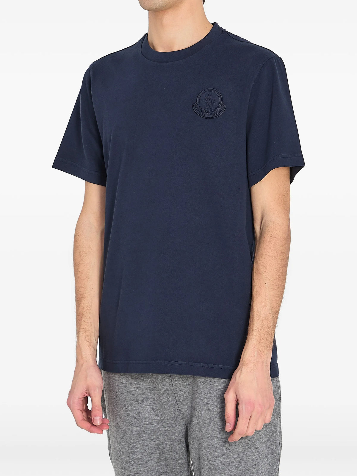 Image of Navy Blue Embroidered Logo T-Shirt by Moncler for Men - Season Spring-Summer 2026 - Model View 2