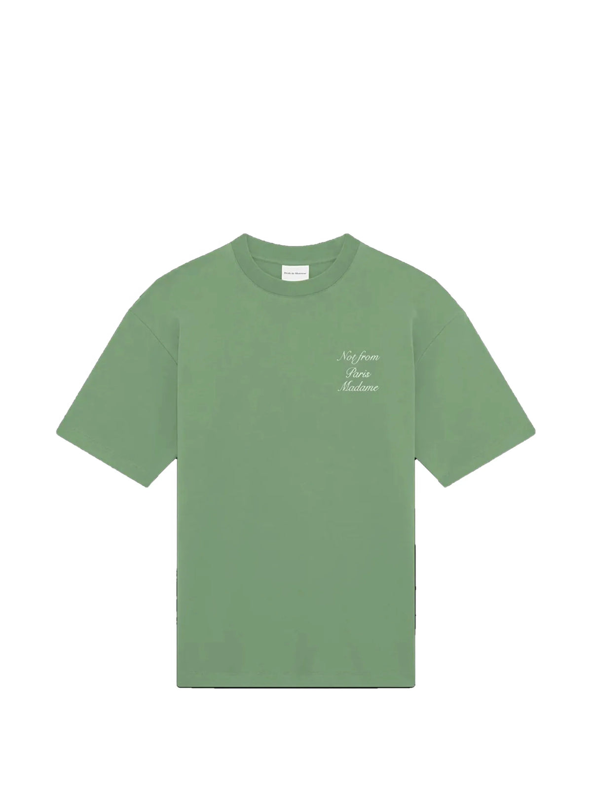 Image of Green T-Shirt 'Not From Paris Madame' - Drôle de Monsieur by Drole De Monsieur for Men - Season Spring-Summer 2026 - Model View 1