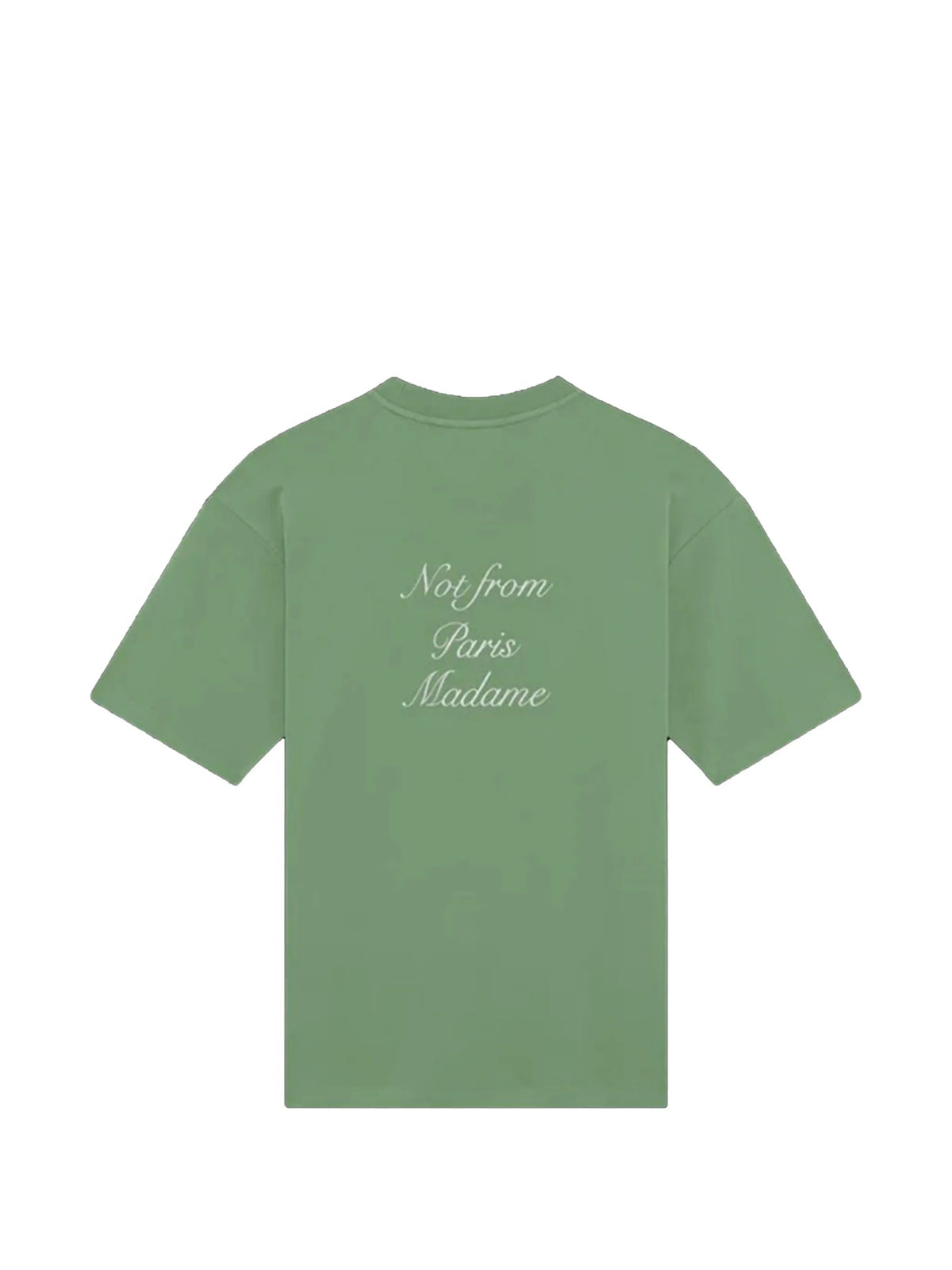 Image of Green T-Shirt 'Not From Paris Madame' - Drôle de Monsieur by Drole De Monsieur for Men - Season Spring-Summer 2026 - Model View 2