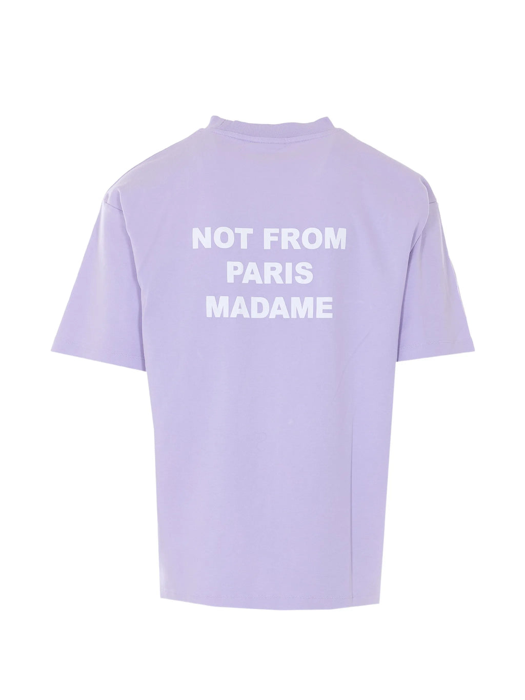 Image of Lila Slogan T-Shirt 'Not From Paris Madame' by Drole De Monsieur for Men - Season Spring-Summer 2026 - Model View 2