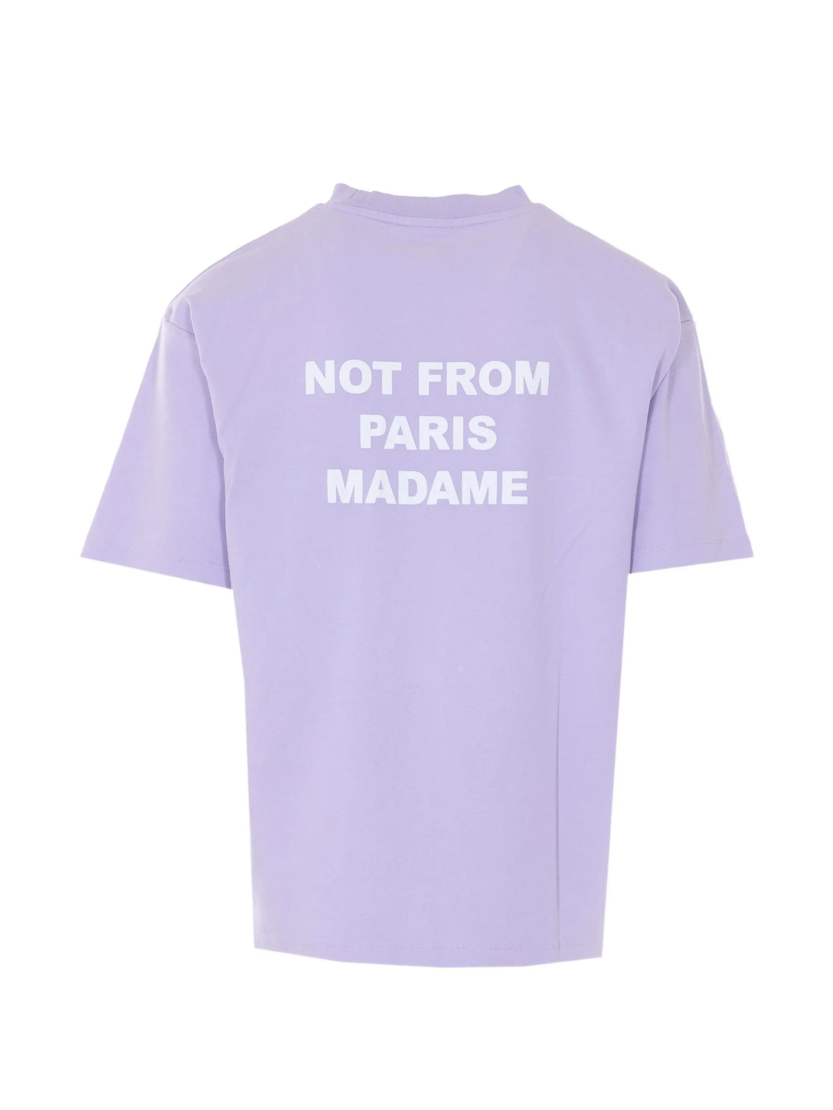 Image of Lila Slogan T-Shirt 'Not From Paris Madame' by Drole De Monsieur for Men - Season Spring-Summer 2026 - Model View 2