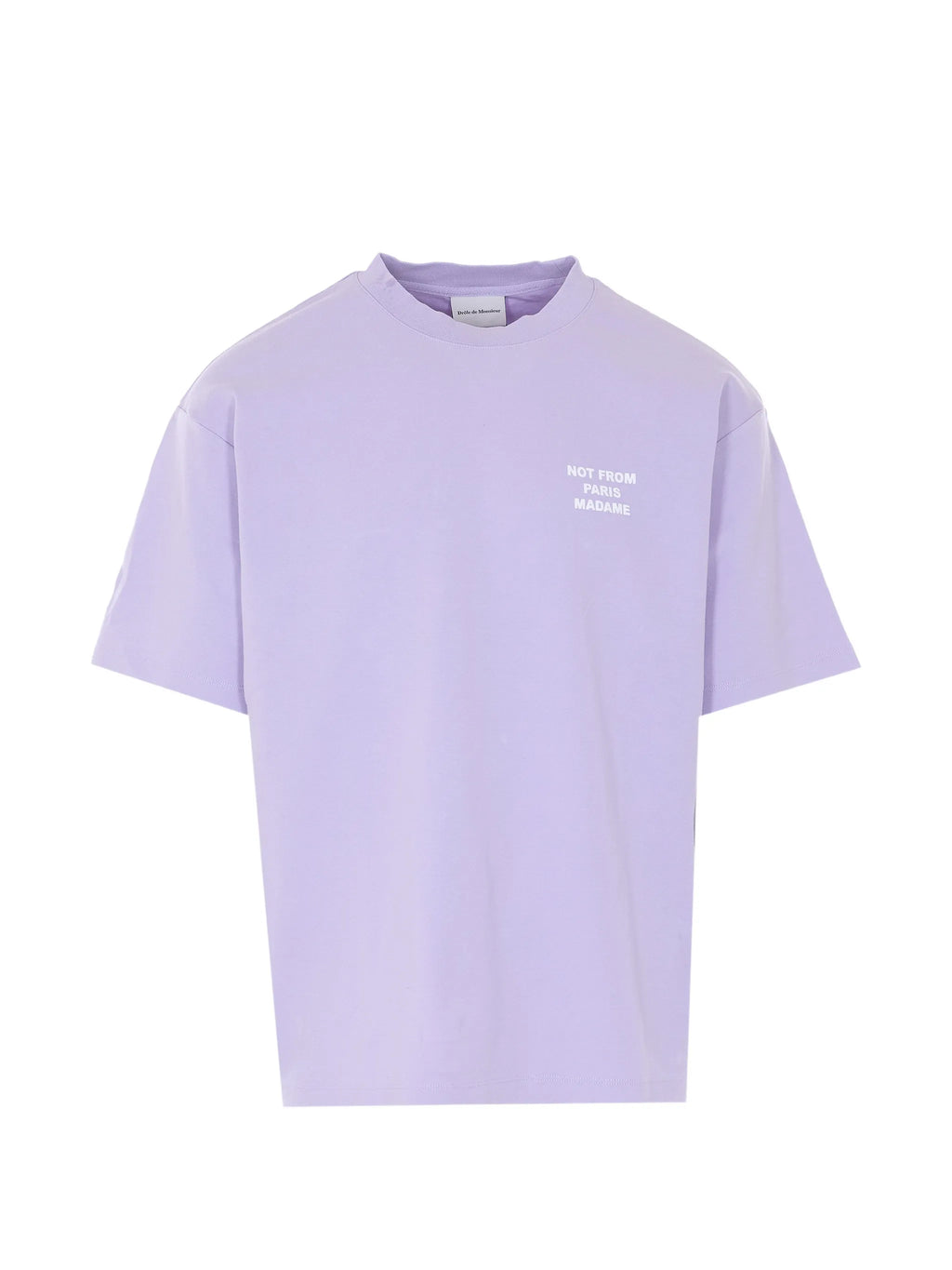 Image of Lila Slogan T-Shirt 'Not From Paris Madame' by Drole De Monsieur for Men - Season Spring-Summer 2026 - Model View 1