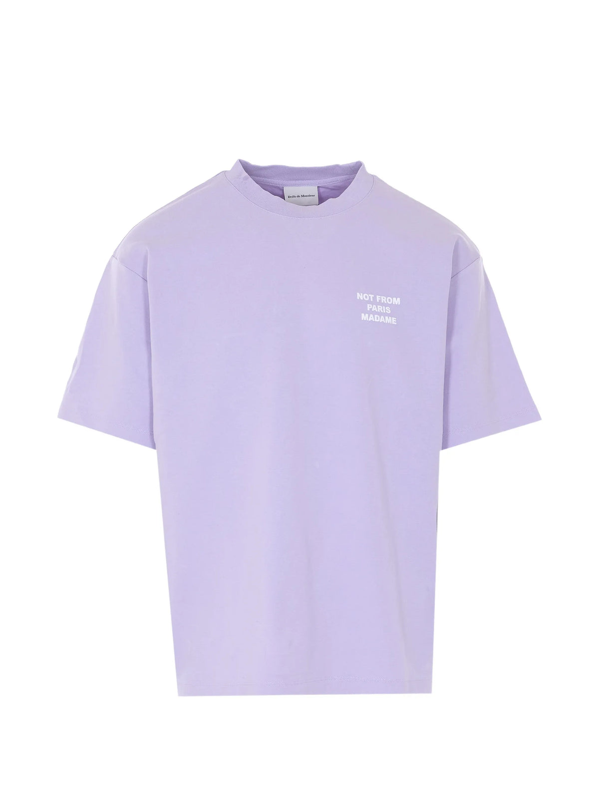 Image of Lila Slogan T-Shirt 'Not From Paris Madame' by Drole De Monsieur for Men - Season Spring-Summer 2026 - Model View 1