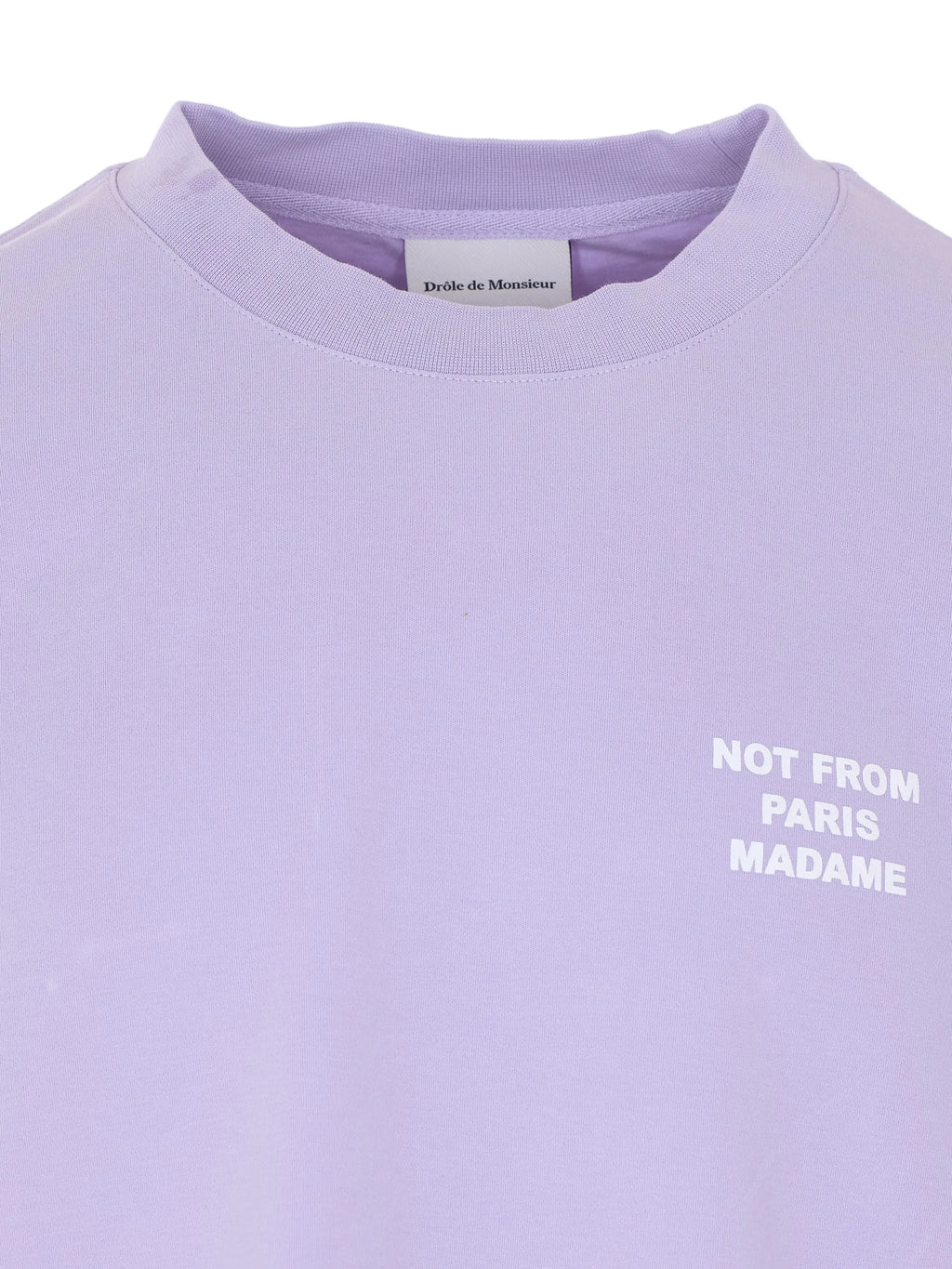 Image of Lila Slogan T-Shirt 'Not From Paris Madame' by Drole De Monsieur for Men - Season Spring-Summer 2026 - Model View 4