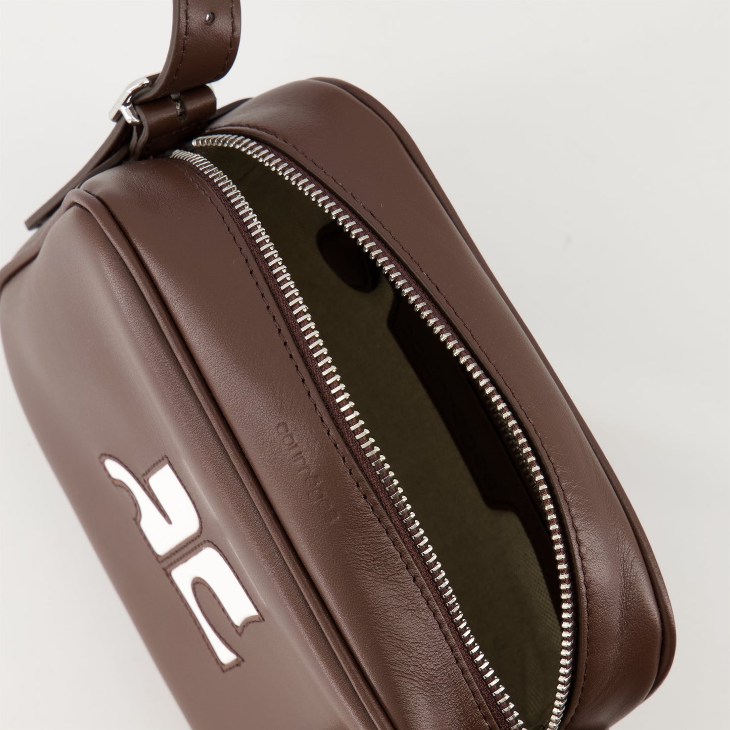 Camera bag, brown leather bag, Courrèges bag, unisex leather accessory, luxury fashion bag