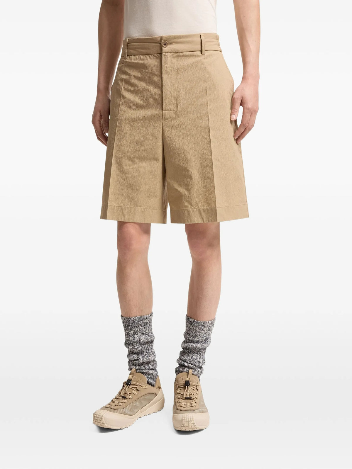 Image of Beige Seersucker Shorts by Moncler for Men - Season Spring-Summer 2026 - Model View 2