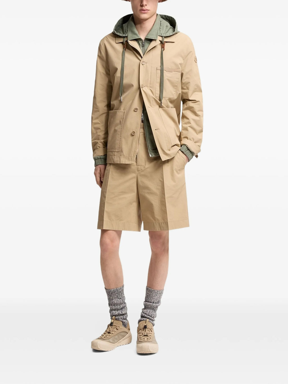 Image of Beige Seersucker Shorts by Moncler for Men - Season Spring-Summer 2026 - Model View 1