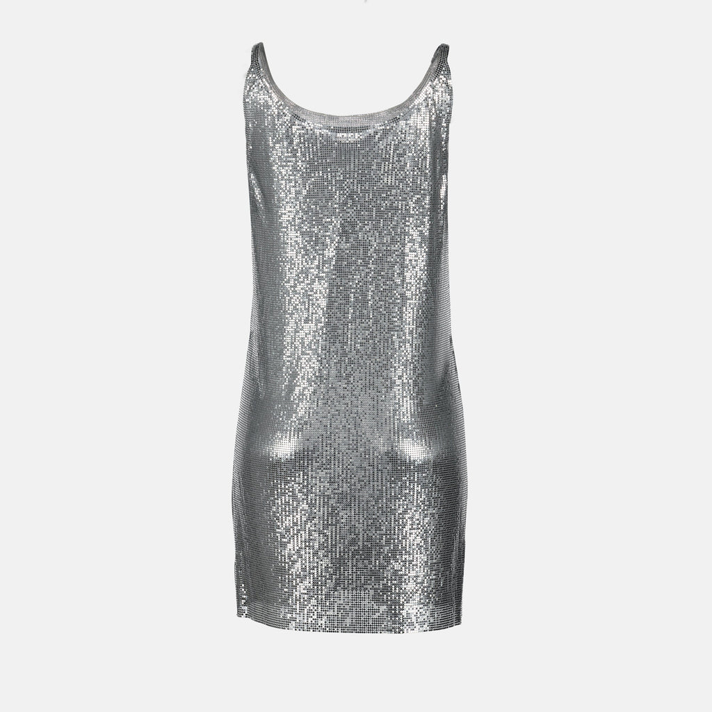 silver dress, metallic dress, Rabanne dress, Spring-Summer 2025, stylish knitwear