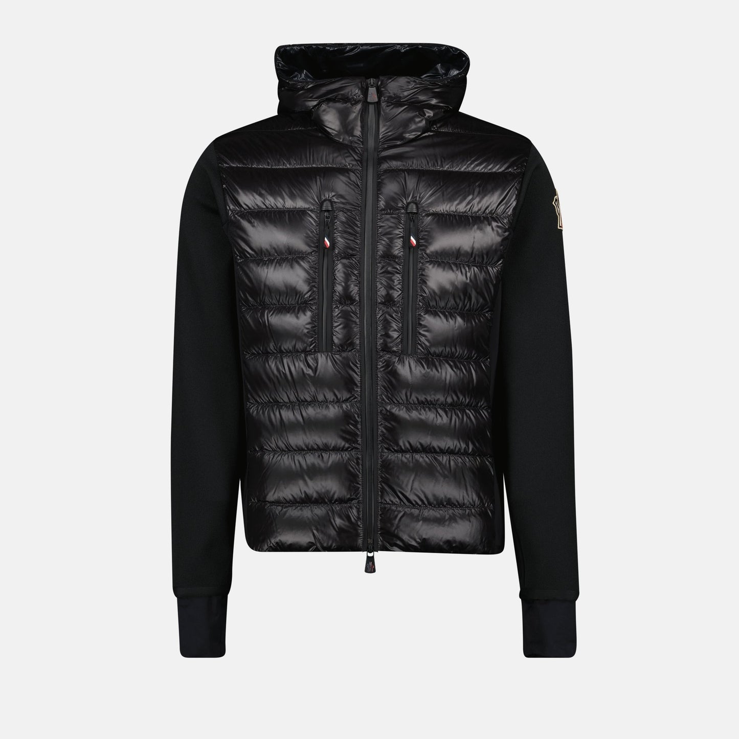 Black jacket, Moncler jacket, quilted jacket, adjustable hood, luxury fashion