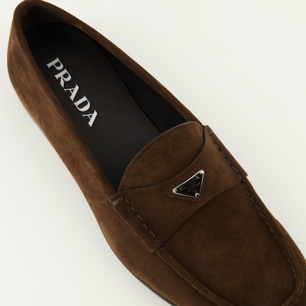 Prada loafers, brown suede shoes, slip-on loafers, men's footwear, luxury loafers