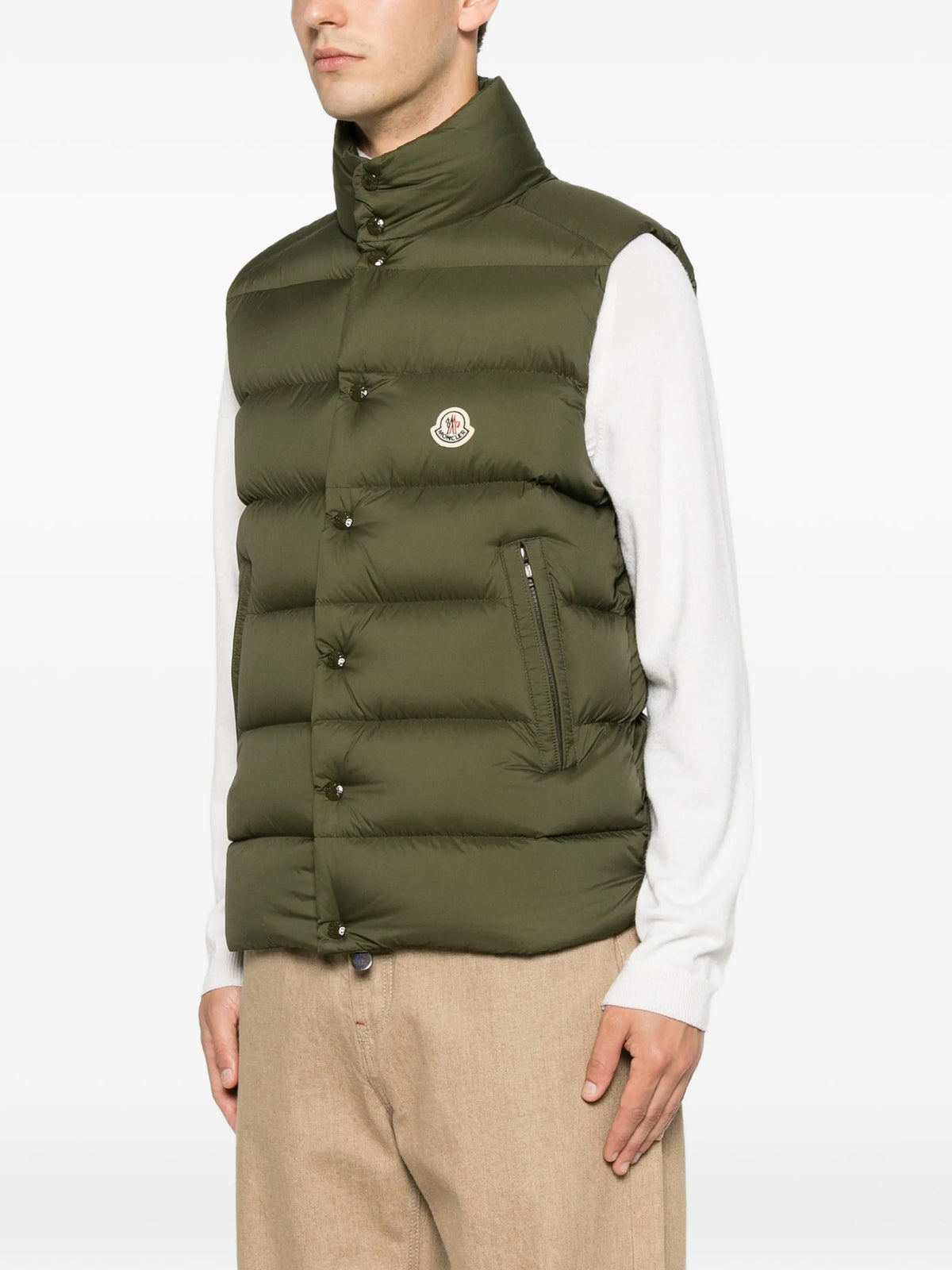 Image of Tibb Kaki Sleeveless Puffer Vest by Moncler for Men - Season Autumn-Winter 2026 - Model View 2