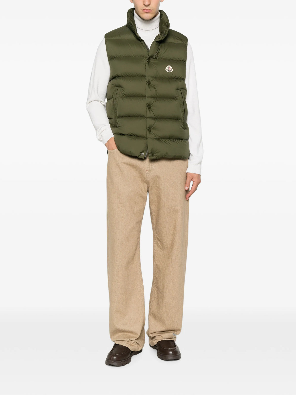 Image of Tibb Kaki Sleeveless Puffer Vest by Moncler for Men - Season Autumn-Winter 2026 - Model View 1