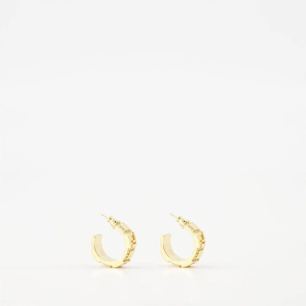 Fendi earrings, gold earrings, crystal earrings, designer jewelry, FF logo earrings