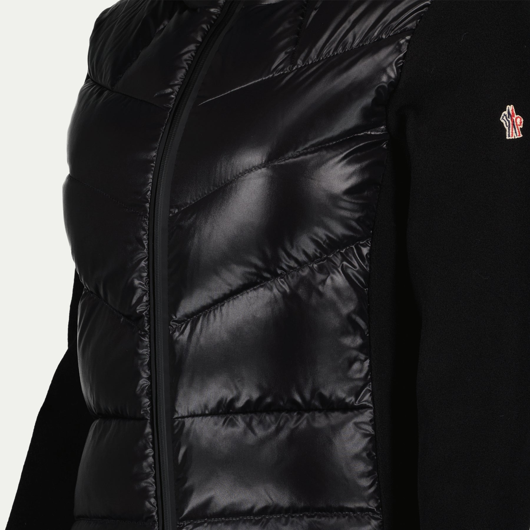 Moncler jacket, black two-tone jacket, winter fashion, luxury knitwear, quilted jacket