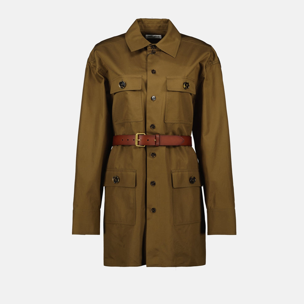 shirt dress, Saint Laurent dress, brown kaki dress, cotton dress, elegant dress