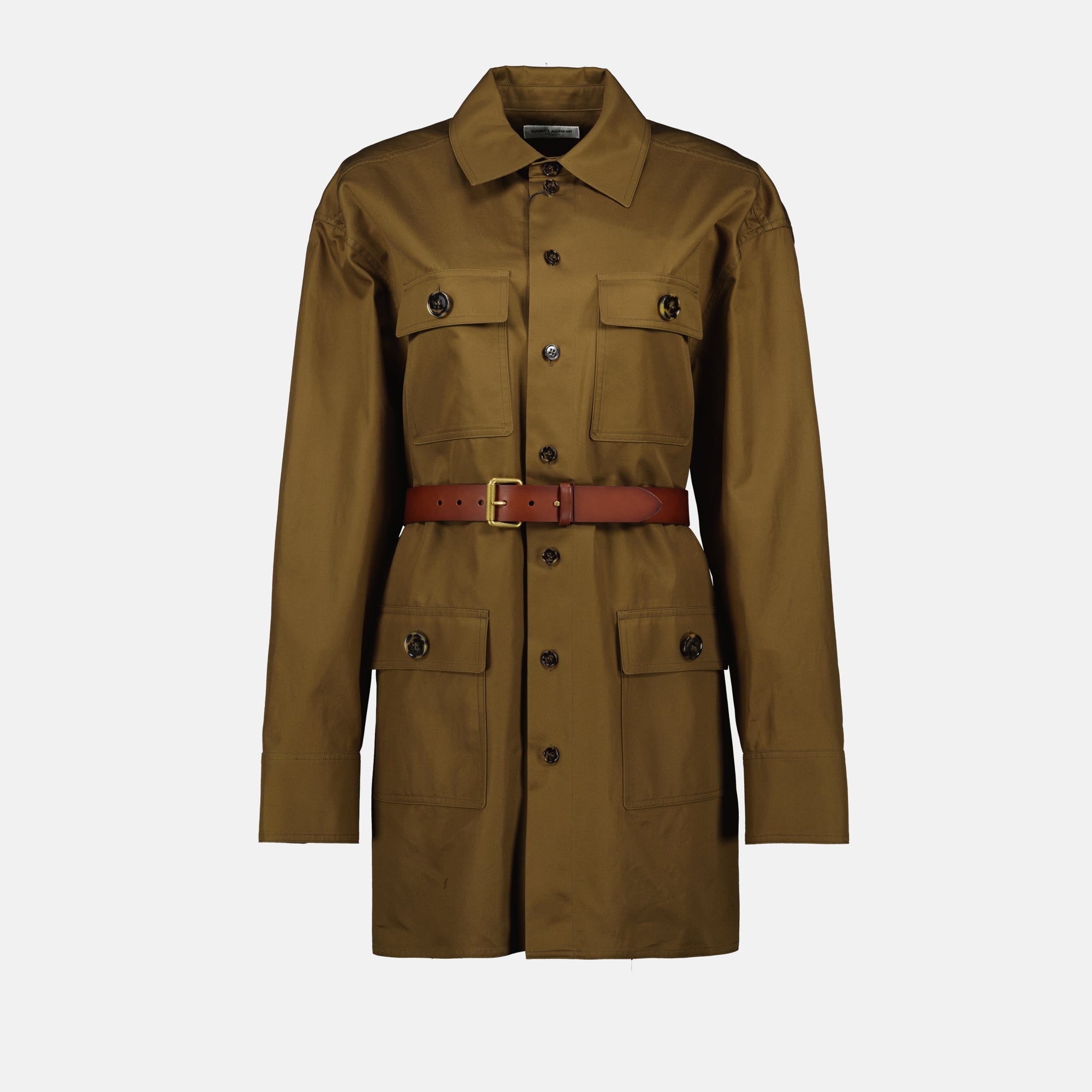 shirt dress, Saint Laurent dress, brown kaki dress, cotton dress, elegant dress
