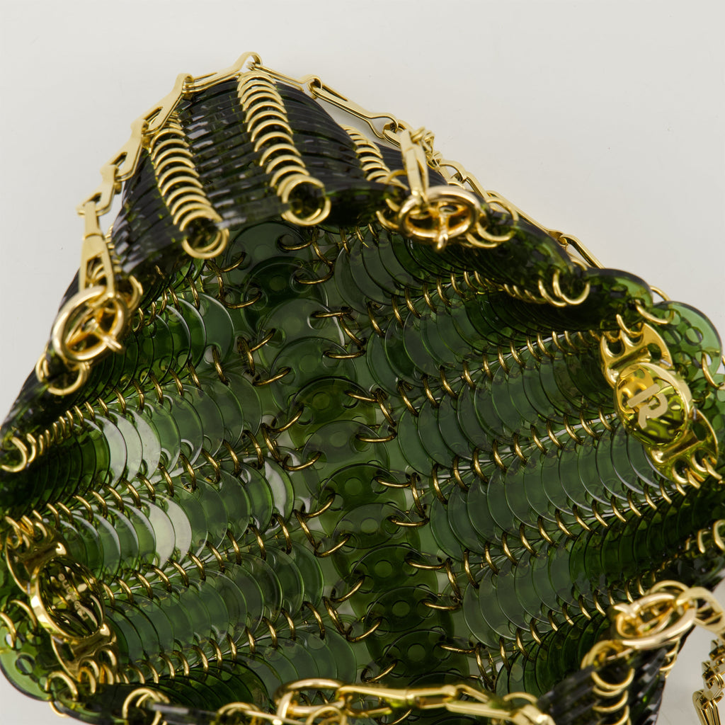 1969 bag, green and gold bag, acrylic shoulder bag, designer accessory, statement handbag