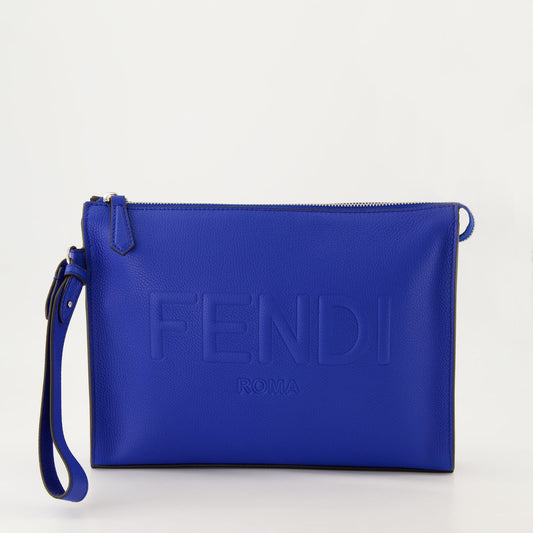 luxury clutch, blue leather, Fendi accessory, detachable strap, premium leather