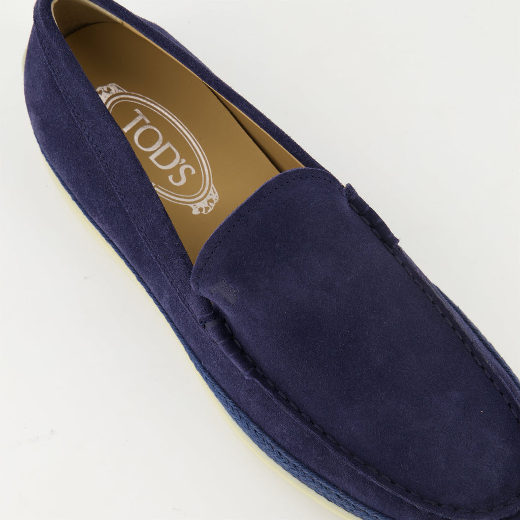 blue suede moccasins, slip-on shoes, gum sole, artisanal detail, contemporary footwear