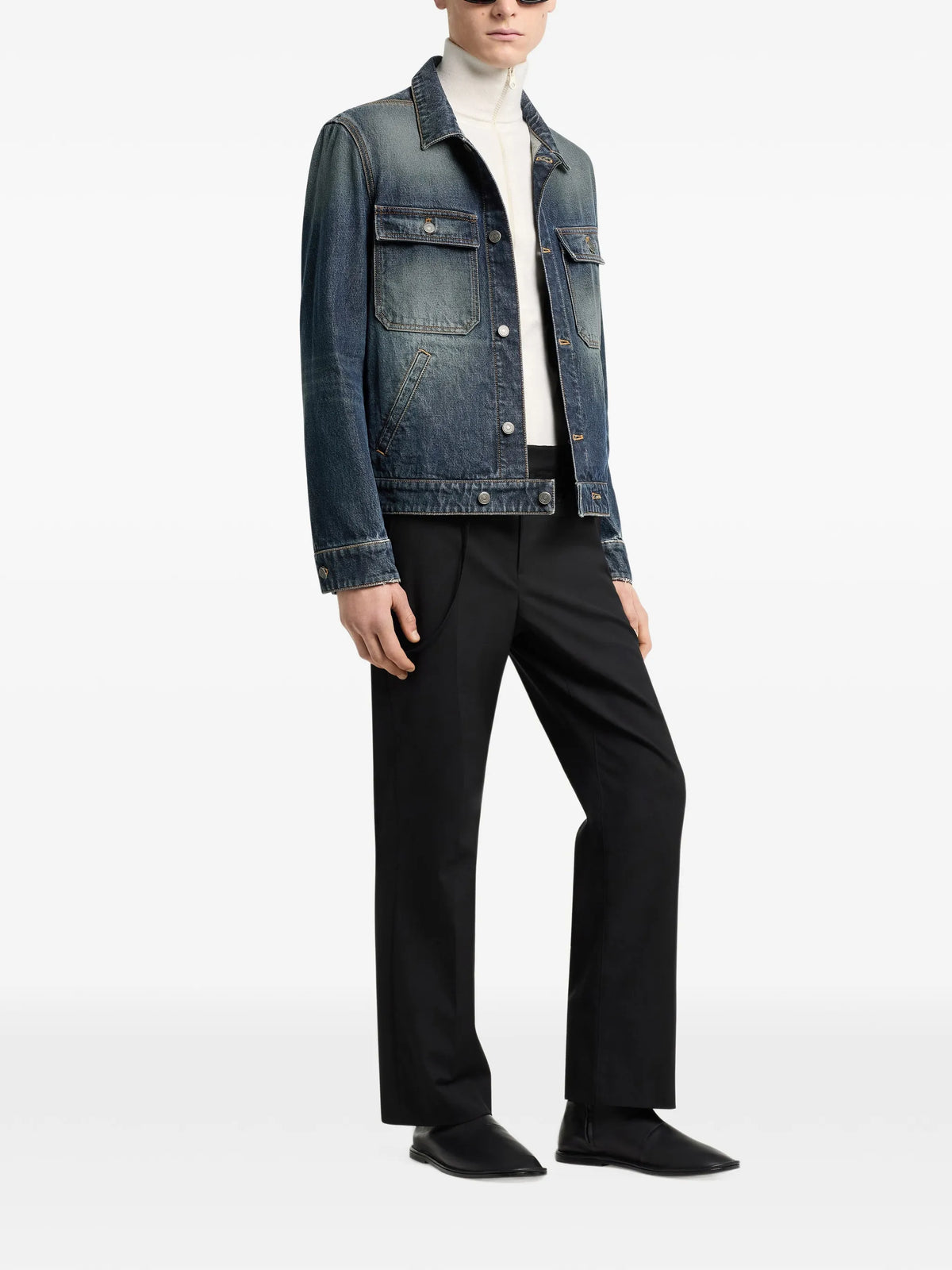 Image of Vintage Denim Trucker Jacket by Courrèges for Men - Season Autumn-Winter 2026 - Model View 2