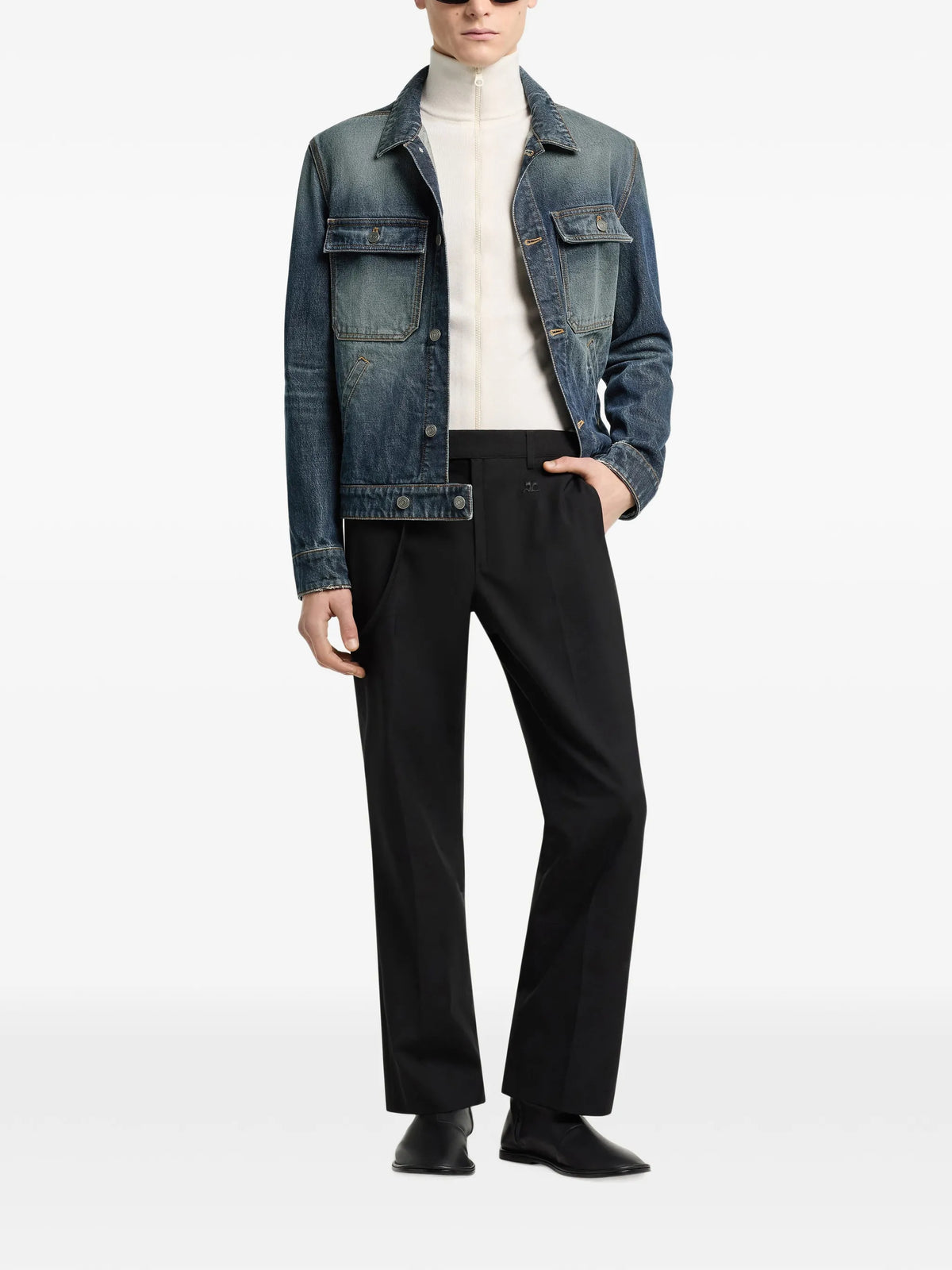 Image of Vintage Denim Trucker Jacket by Courrèges for Men - Season Autumn-Winter 2026 - Model View 1