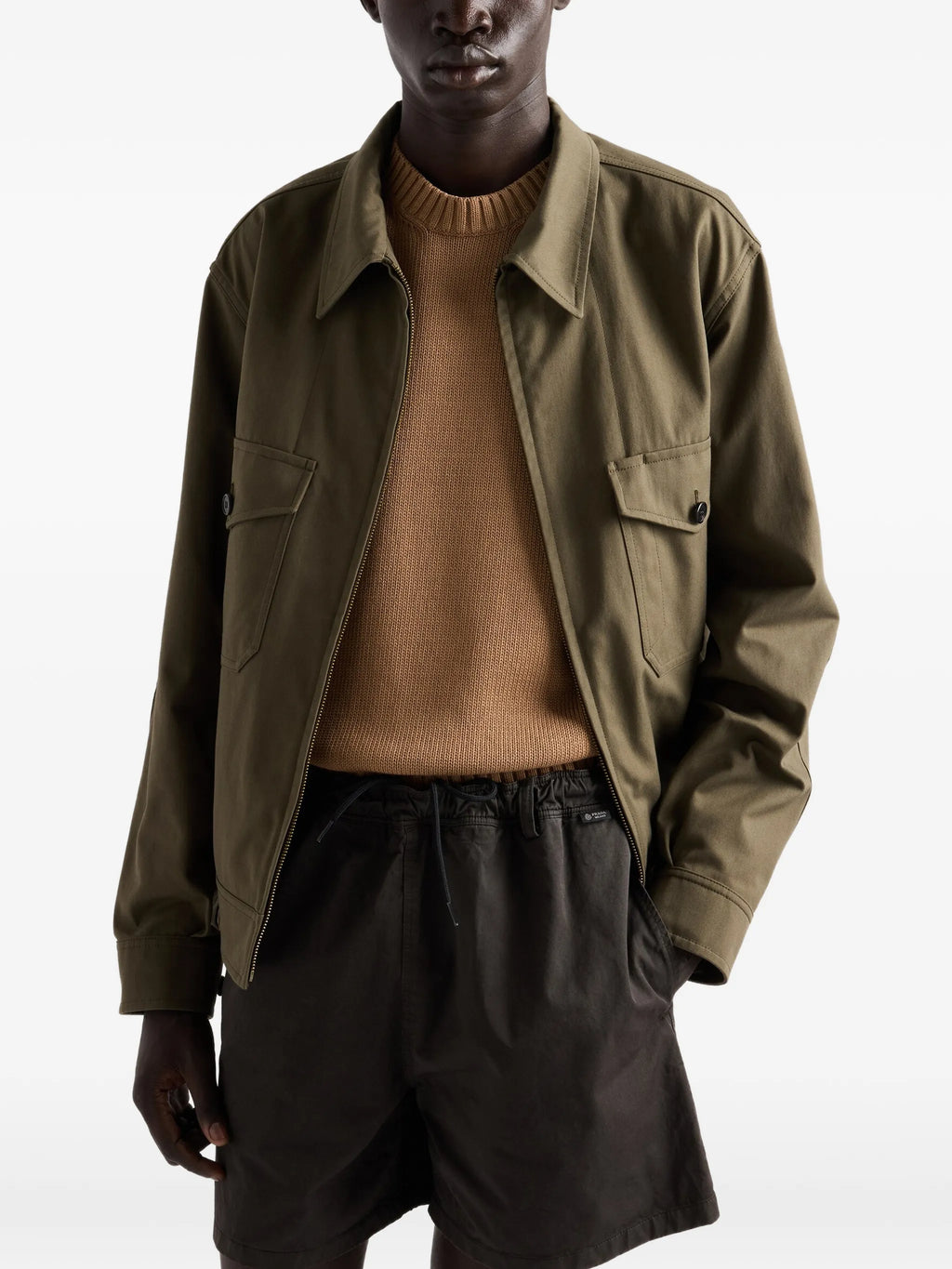 Image of Brown Knit Sweater by Prada for Men - Season Autumn-Winter 2026 - Model View 2