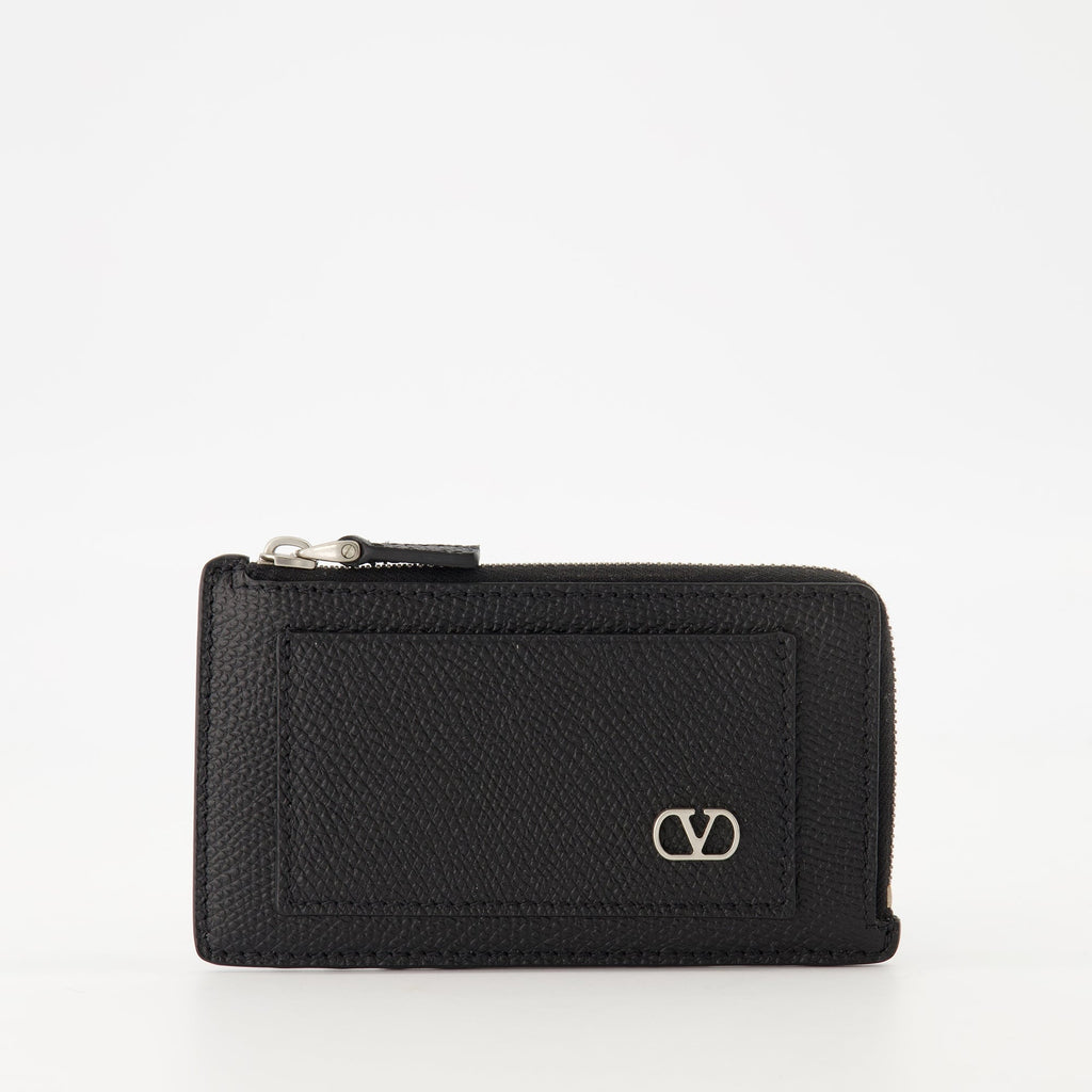 Vlogo Card Holder, Valentino Garavani accessories, black leather wallet, grained leather card holder, zippered wallet
