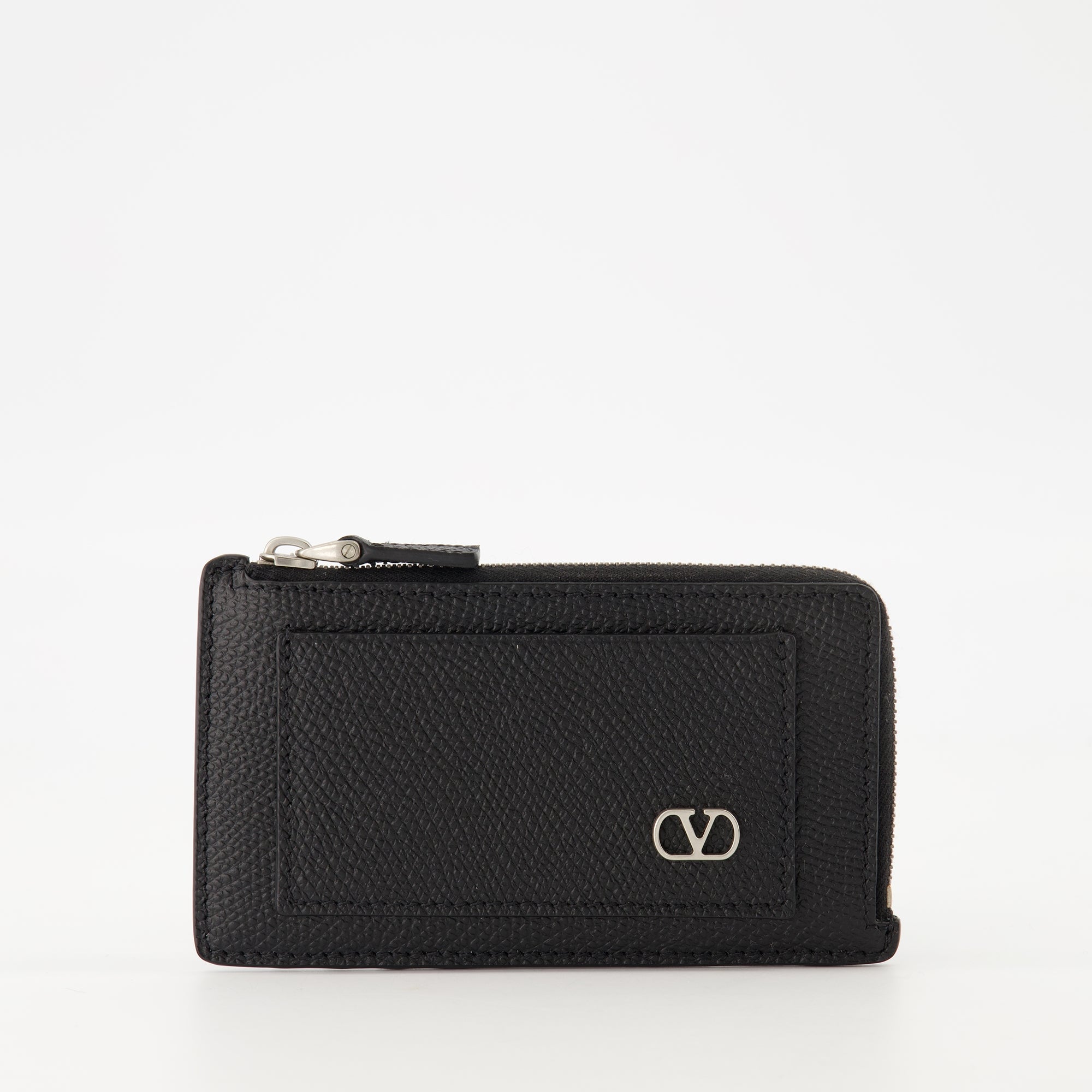 Vlogo Card Holder, Valentino Garavani accessories, black leather wallet, grained leather card holder, zippered wallet