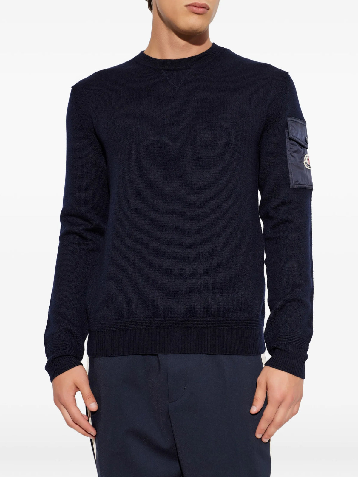 Image of Pull en laine bleu marine by Moncler for Men - Season Autumn-Winter 2026 - Model View 2