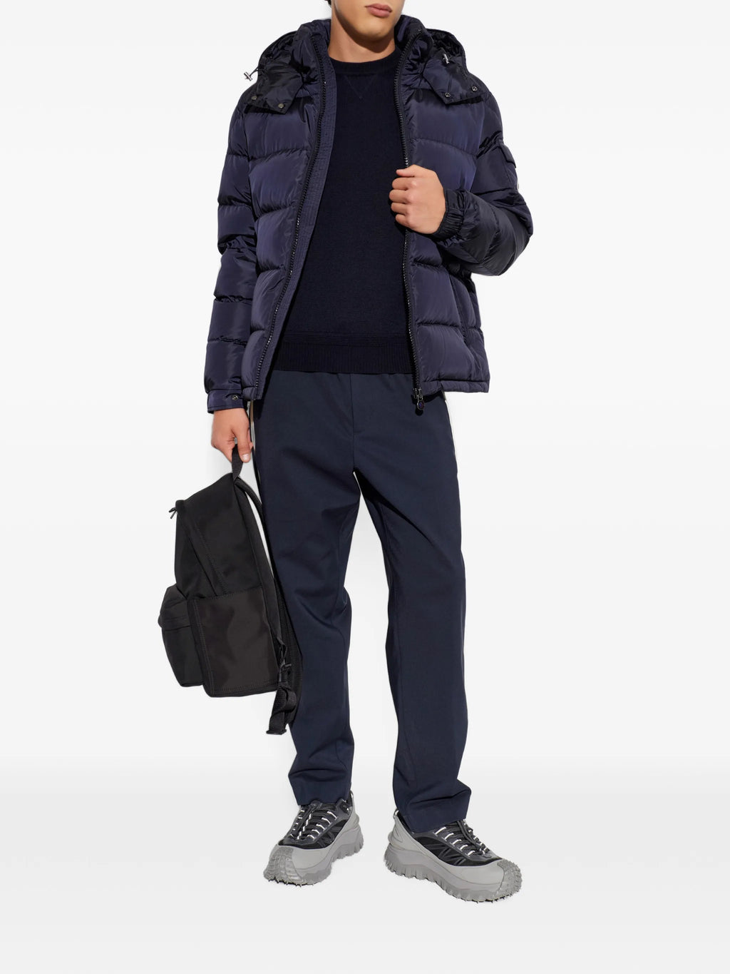 Image of Pull en laine bleu marine by Moncler for Men - Season Autumn-Winter 2026 - Model View 1