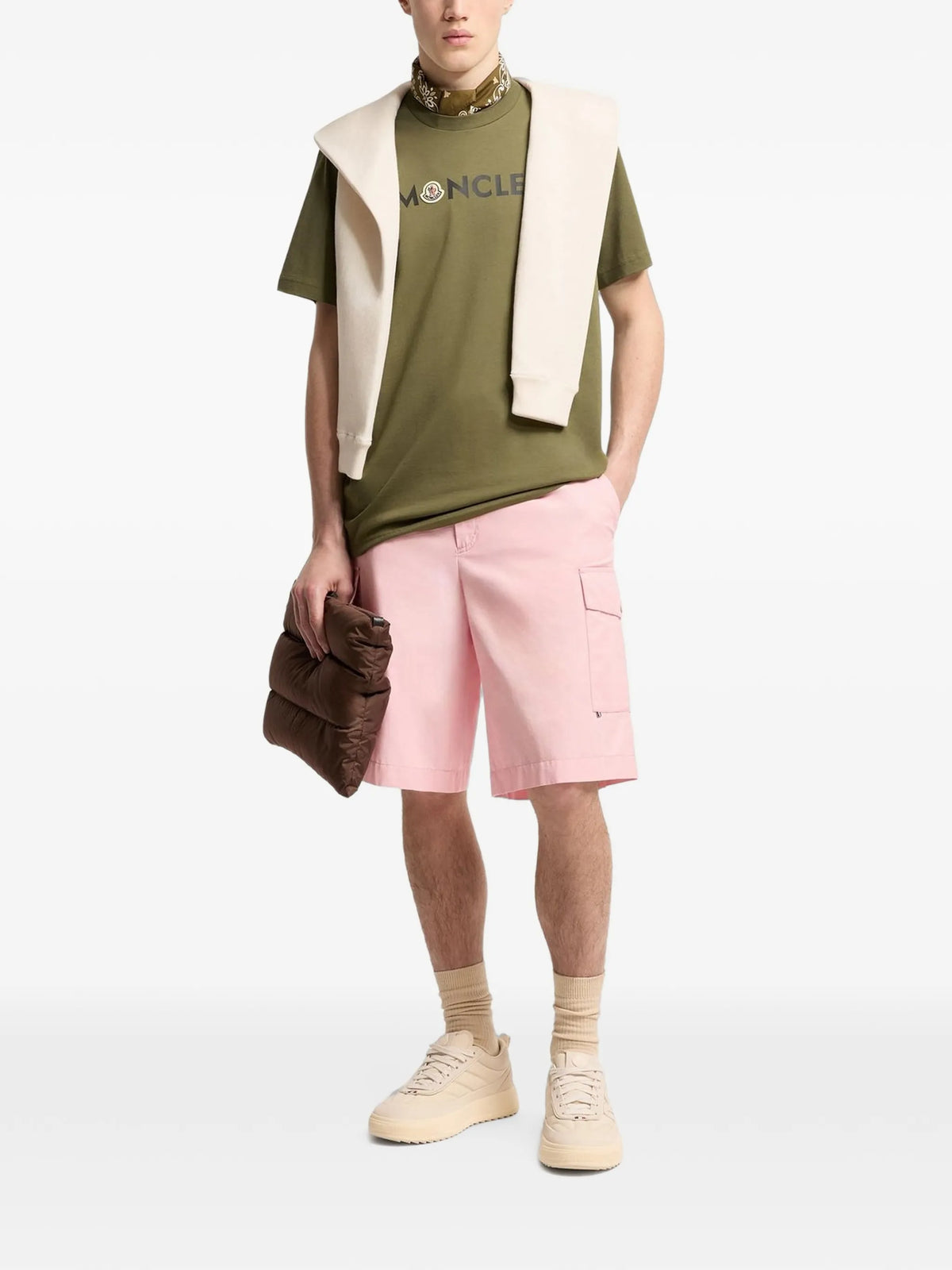 Image of Kaki Printed Logo T-Shirt by Moncler for Men - Season Autumn-Winter 2026 - Model View 1