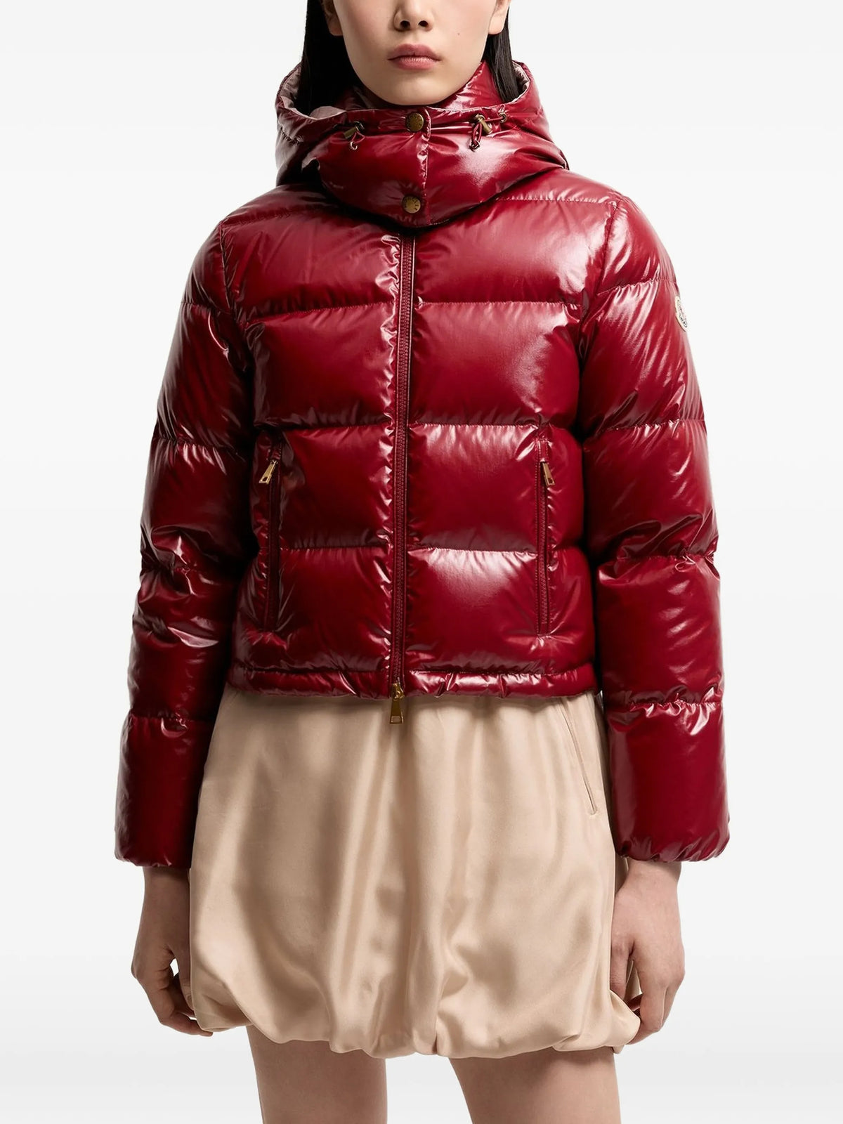 Image of Niveole Red Down Jacket by Moncler for Women - Season Autumn-Winter 2026 - Model View 2