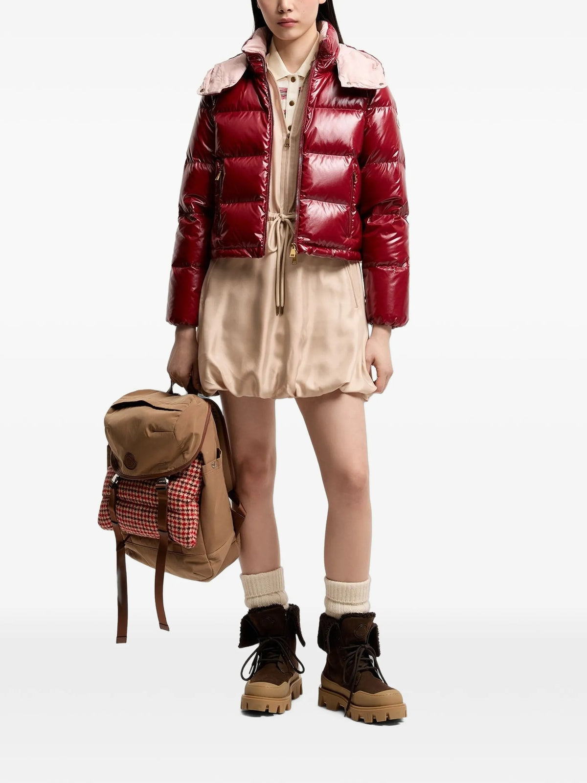 Image of Niveole Red Down Jacket by Moncler for Women - Season Autumn-Winter 2026 - Model View 1