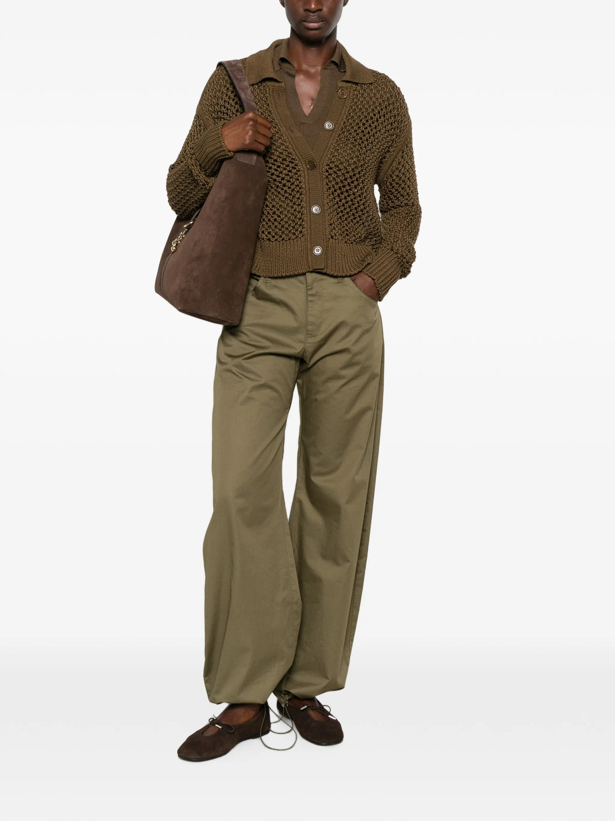 Image of Khaki Cotton Button-Up Cardigan by Max Mara for Women - Season Autumn-Winter 2026 - Model View 1
