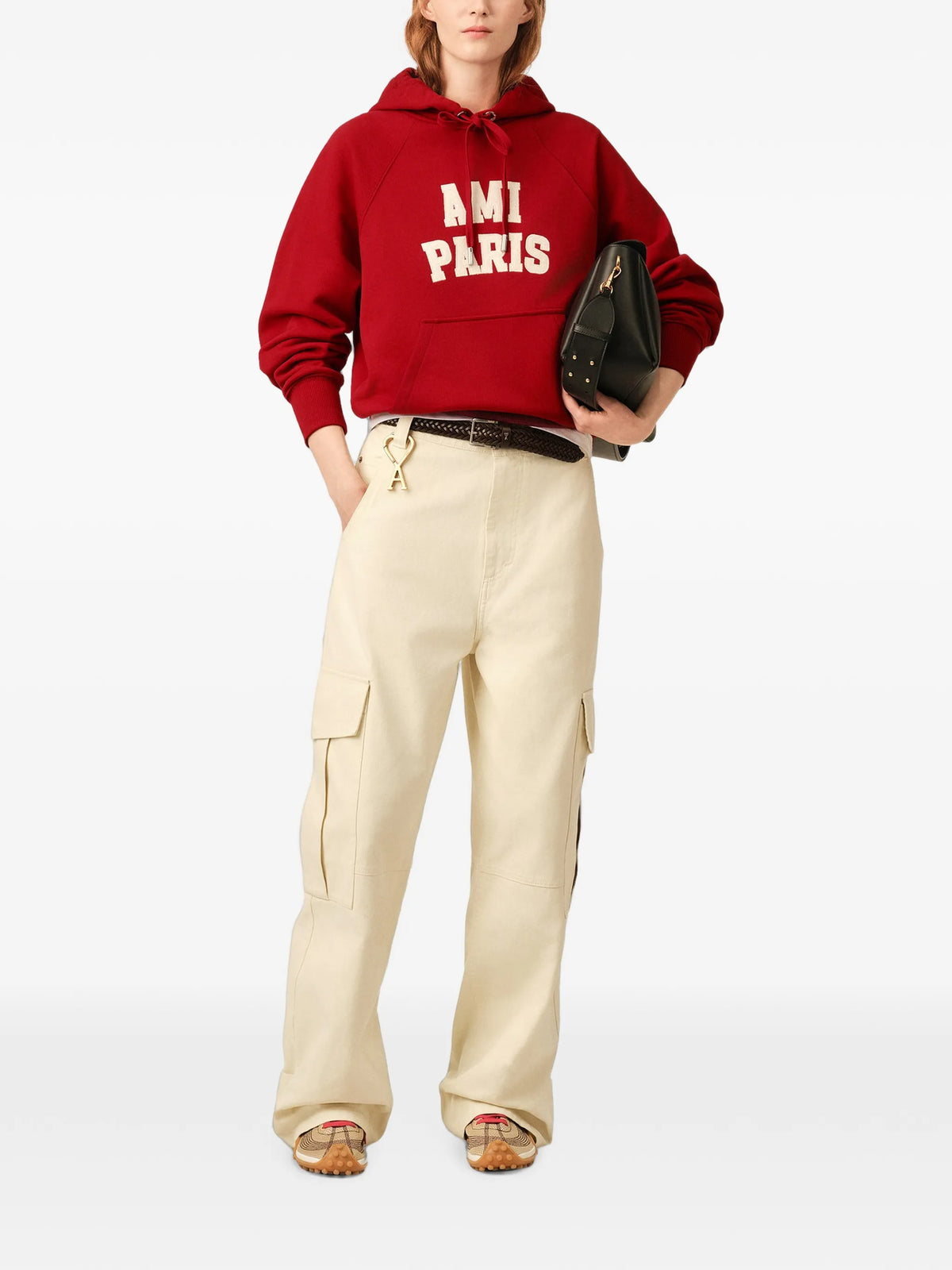 Image of Red Embroidered Hoodie by Ami PARIS for Unisex - Season Autumn-Winter 2026 - Model View 1