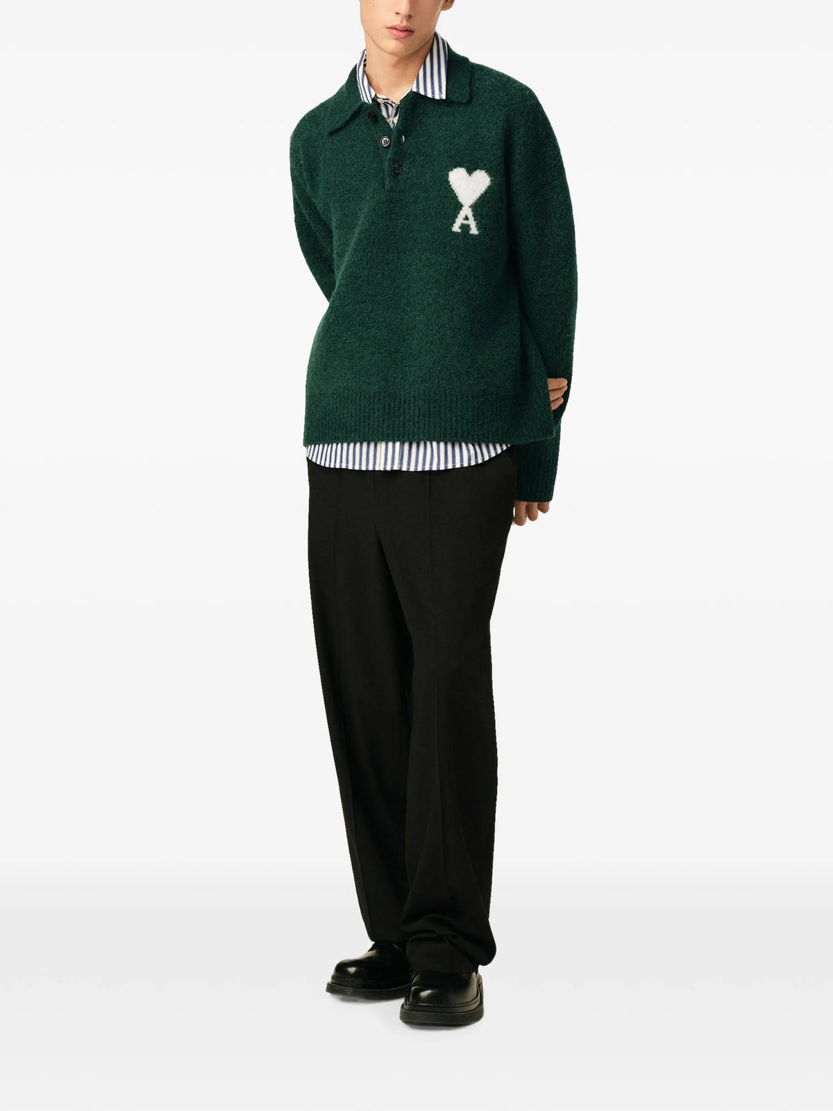 Image of Dark Green Alpaca Sweater by Ami PARIS for Unisex - Season Autumn-Winter 2026 - Model View 2