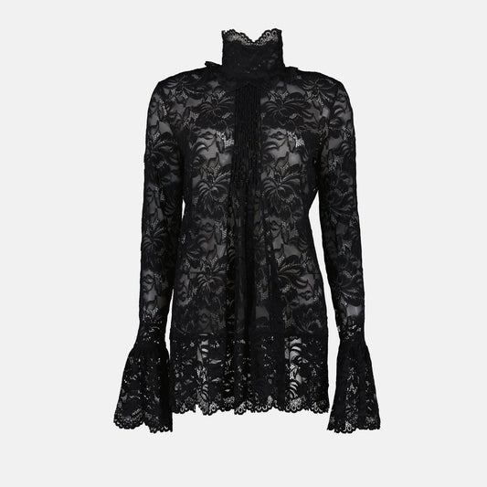 Black lace blouse, Rabanne Autumn-Winter, elegant lace top, high collar blouse, women's fashion