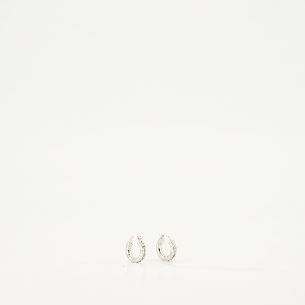 Silver Hoop Earrings, Greca Design, Engraved Logo, Hypoallergenic Jewelry, Versace Accessories