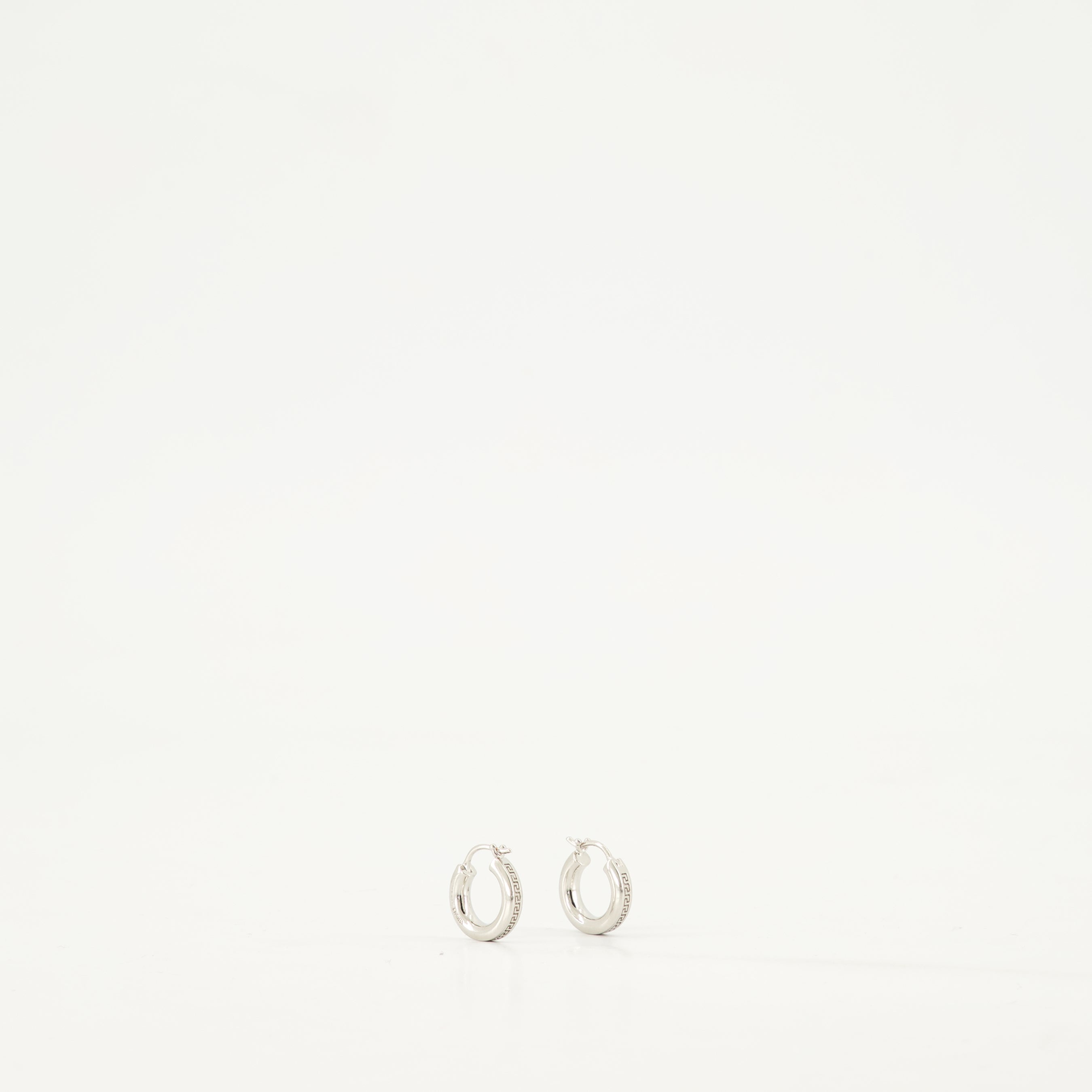 Silver Hoop Earrings, Greca Design, Engraved Logo, Hypoallergenic Jewelry, Versace Accessories