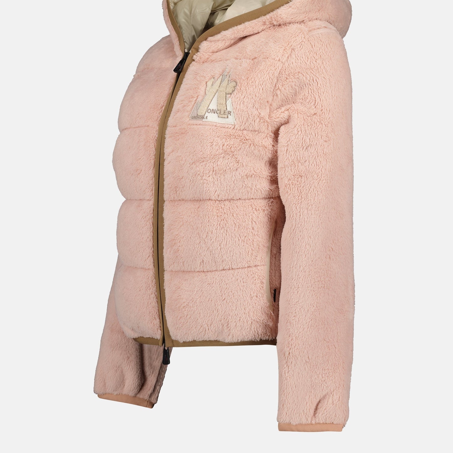 pink fleece jacket, Moncler Grenoble jacket, luxury women's outerwear, bi-material jacket, Autumn-Winter 2024 fashion