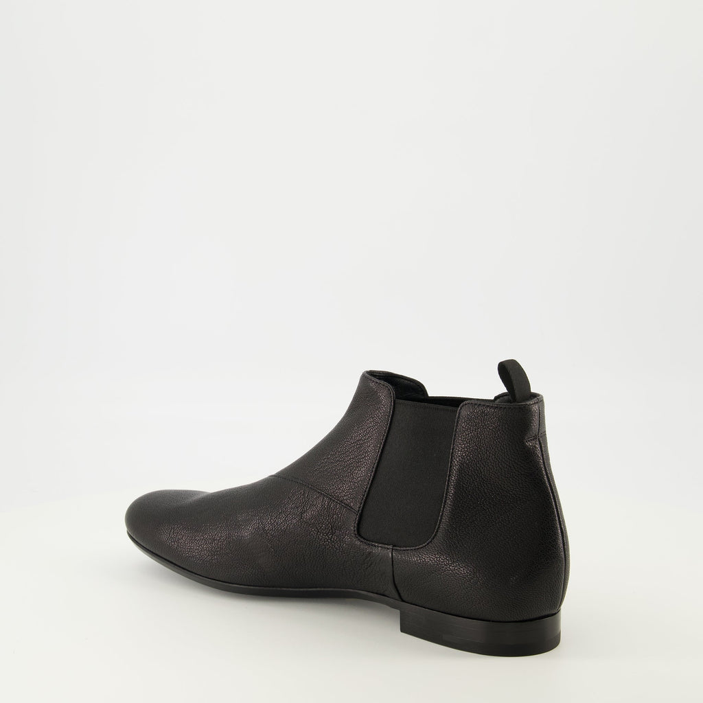 Chelsea boots, black leather boots, Prada footwear, men's boots, grained leather