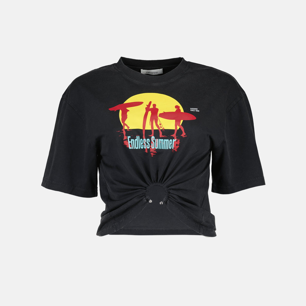 Rabanne t-shirt, short t-shirt, printed t-shirt, silver piercing detail, Autumn-Winter 2025