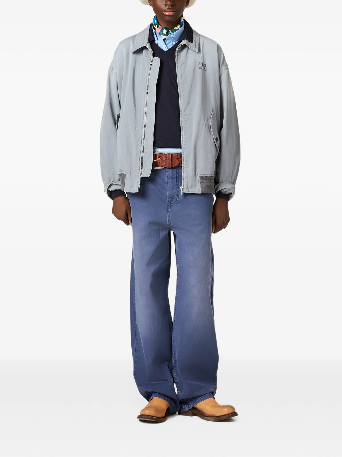 Image of Sergé Blouson Vieilli Grey by Miu Miu for Women - Season Autumn-Winter 2026 - Model View 1