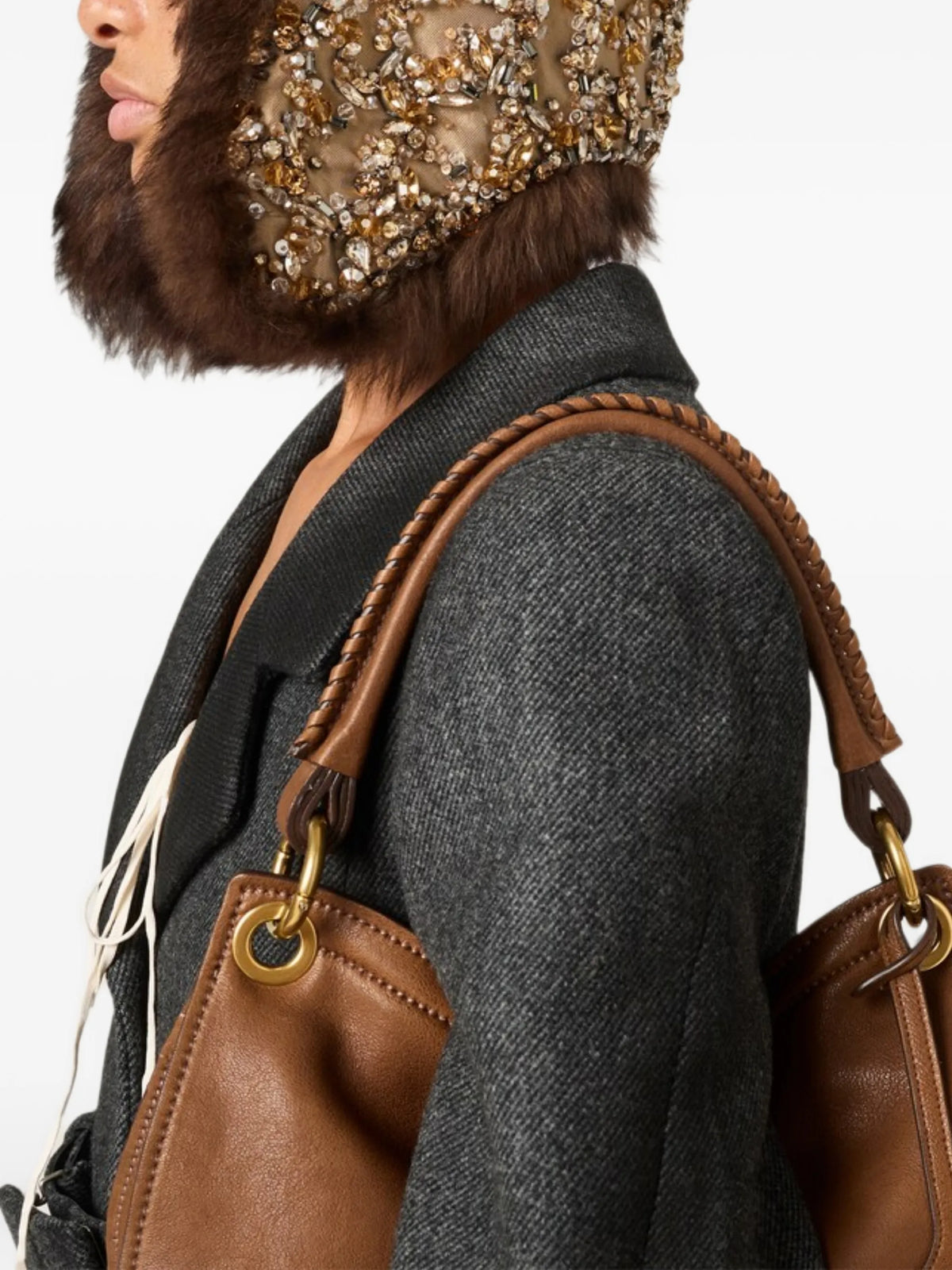 Image of Grey Wool Coat with Waxed Finish by Miu Miu for Women - Season Autumn-Winter 2026 - Model View 4