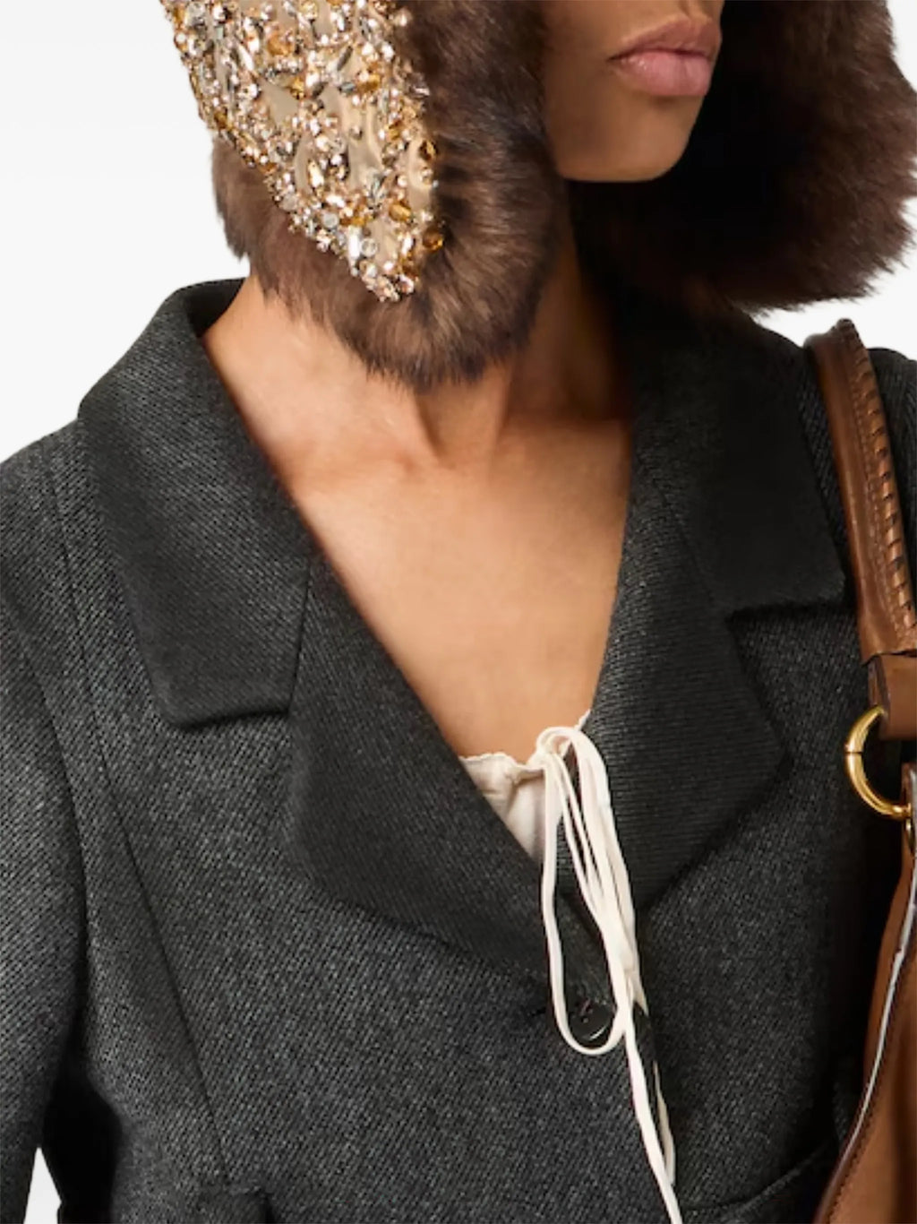 Image of Grey Wool Coat with Waxed Finish by Miu Miu for Women - Season Autumn-Winter 2026 - Model View 3