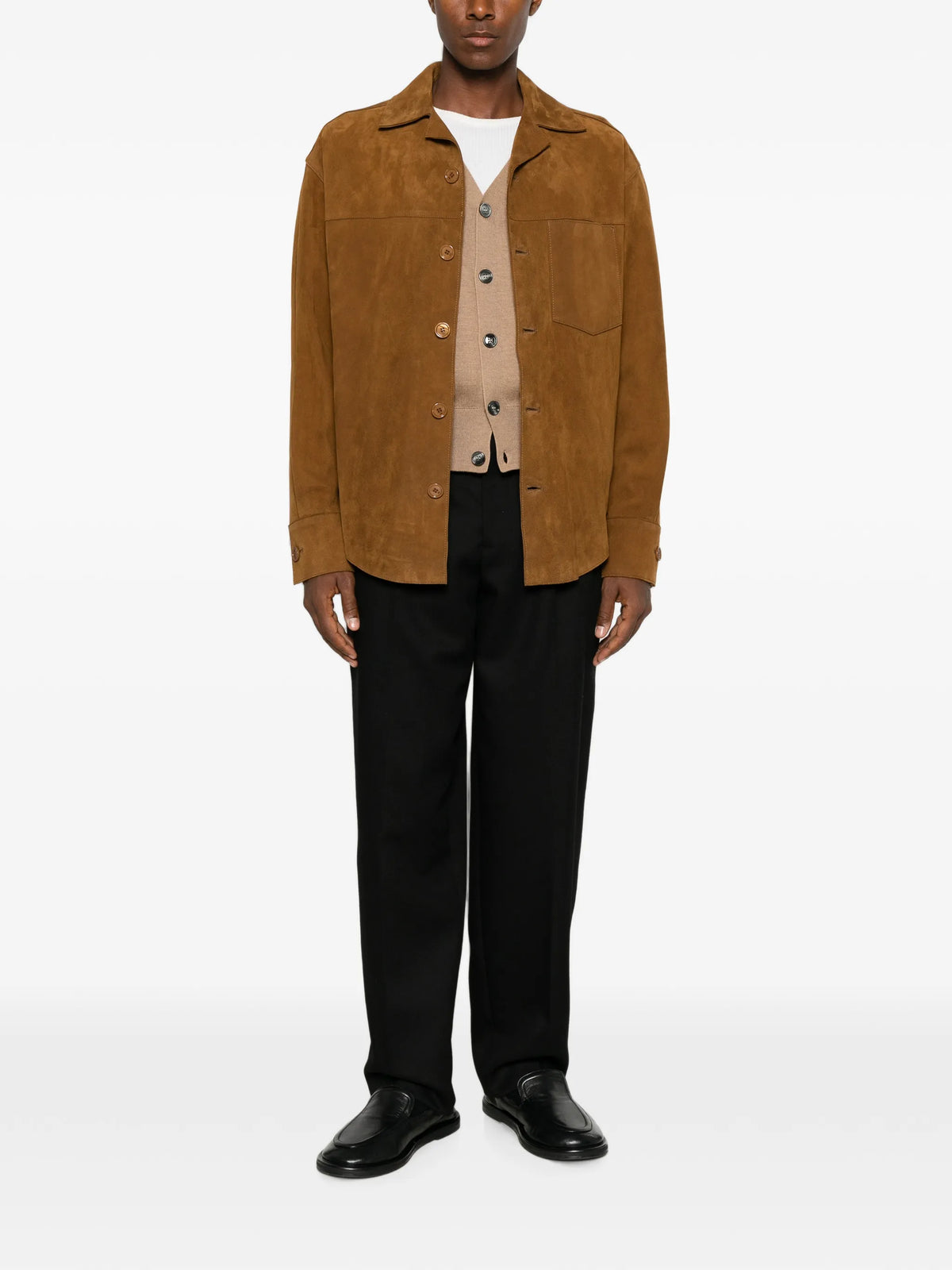 Image of Brown Suede Overshirt by Ami PARIS for Unisex - Season Autumn-Winter 2026 - Model View 2
