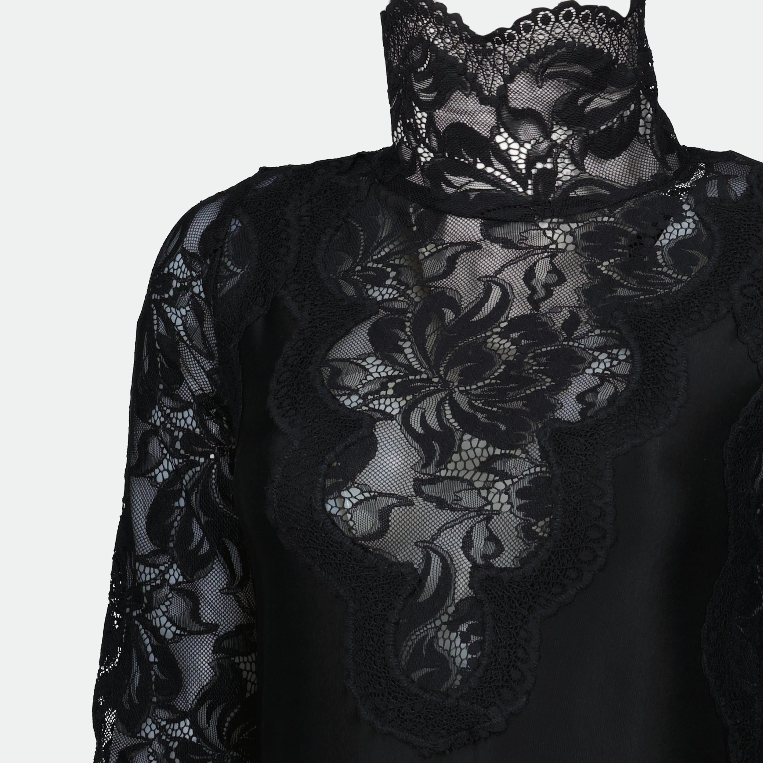 black lace dress, Rabanne dress, long sleeve dress, ankle length dress, embroidered lace dress